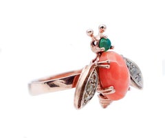 Coral, Green Agate, Diamonds, 9 Karat Rose Gold and Silver Fly Shape Ring