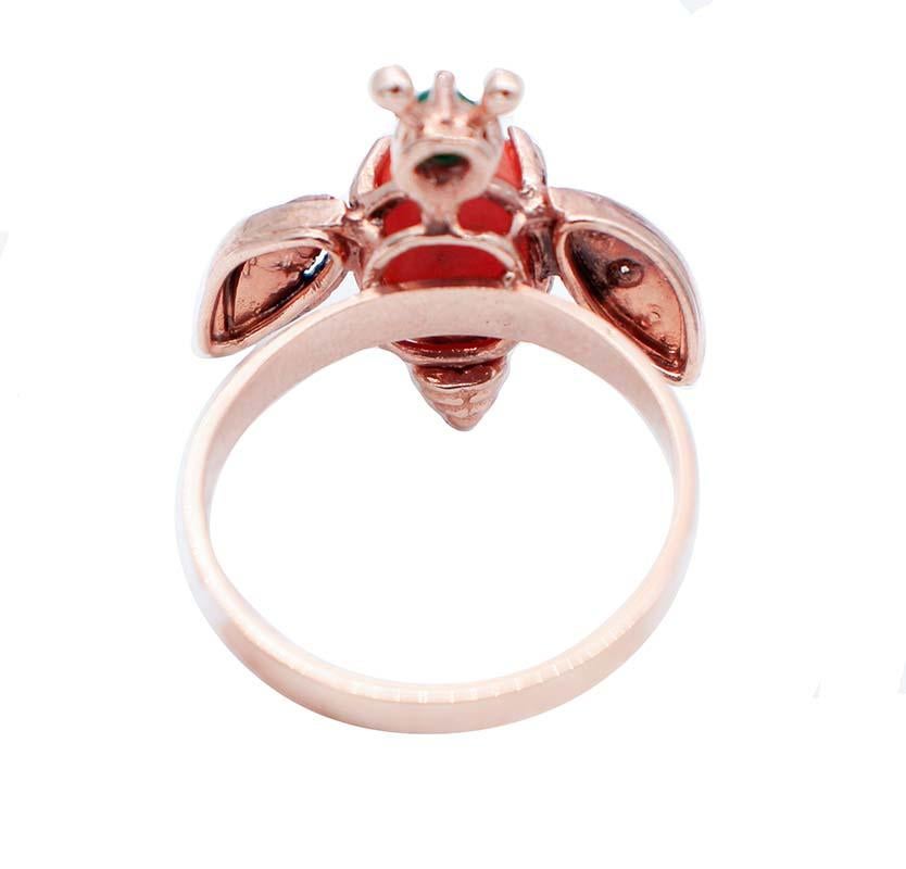 Retro Coral, Green Agate, Diamonds, 9 Karat Rose Gold and Silver Fly Shape Ring