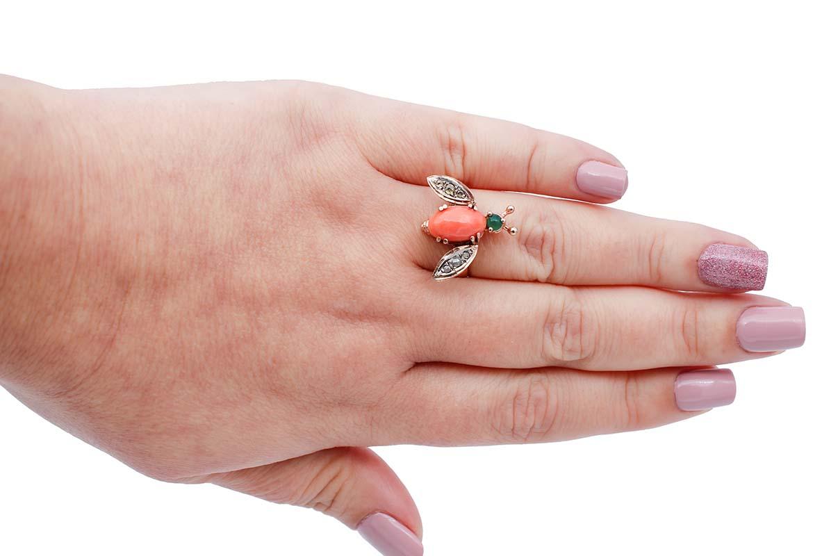Mixed Cut Coral, Green Agate, Diamonds, 9 Karat Rose Gold and Silver Fly Shape Ring
