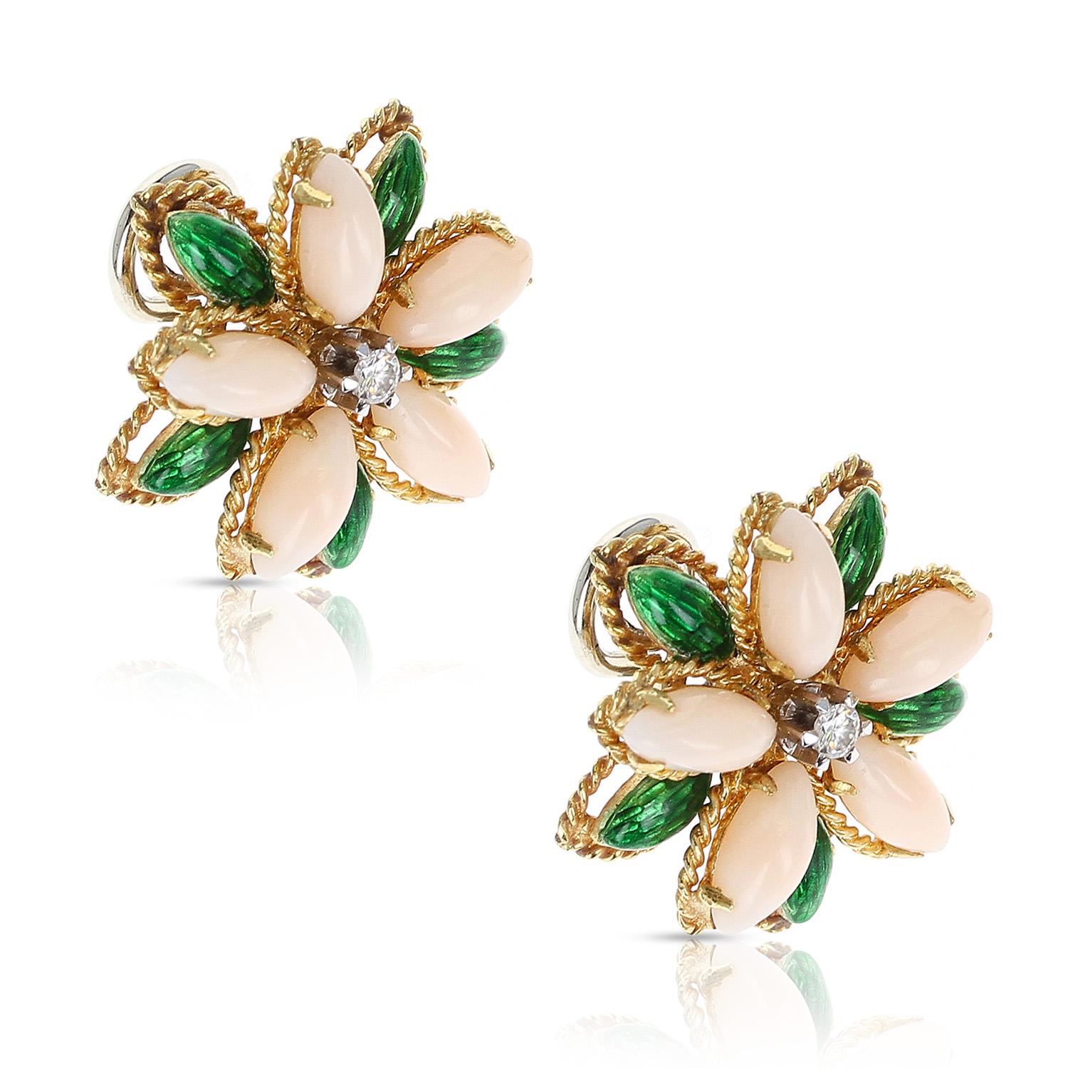 A beautiful pair of Coral, Green Enamel, and Diamond Floral Earrings made in 18 Karat Yellow Gold. Total Weight: 17.78 grams. Clip-ons, Length: 1 Inch. 
