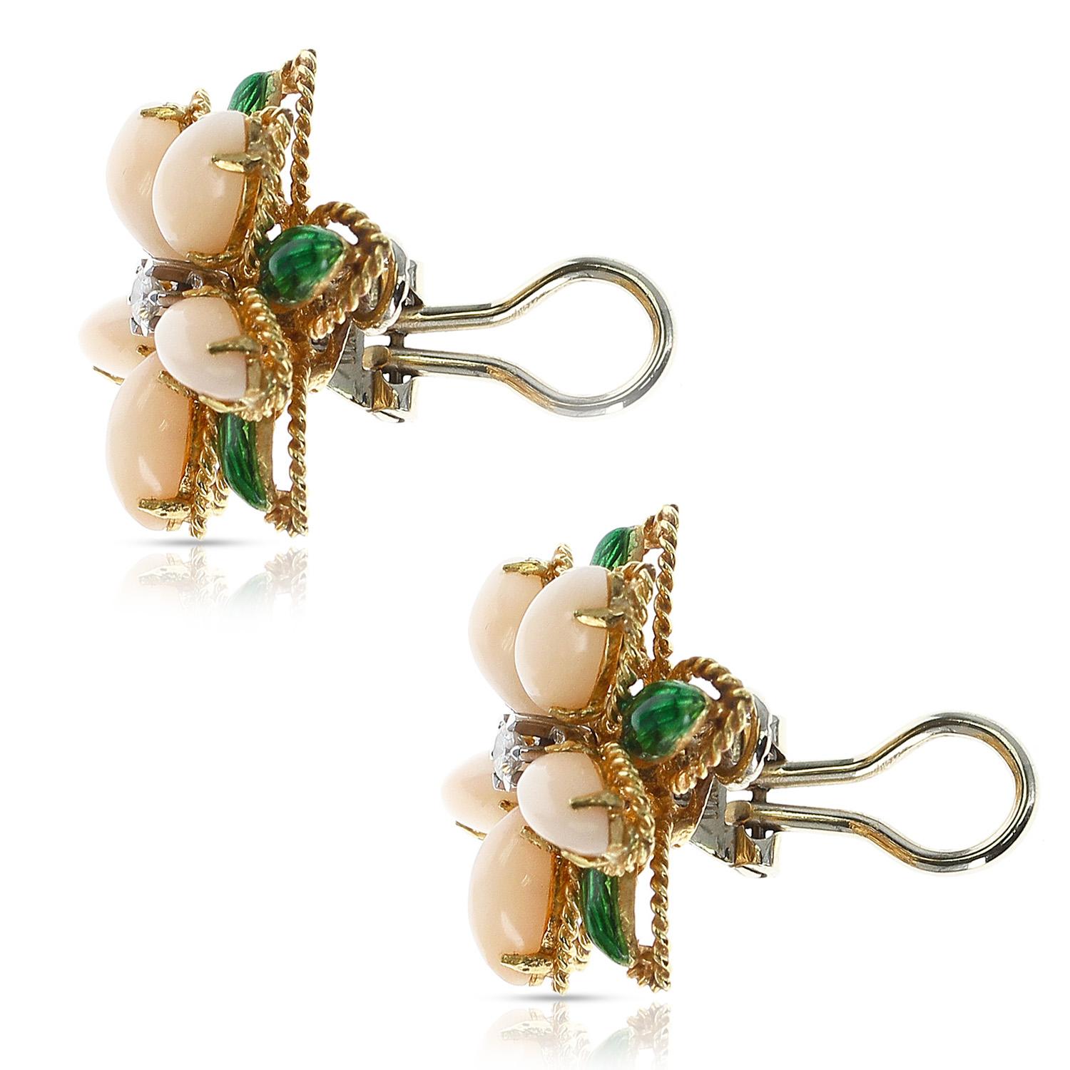 Round Cut Coral, Green Enamel, and Diamond Floral Earrings, 18 Karat Yellow Gold