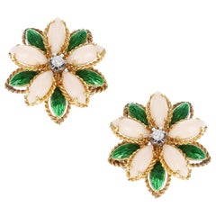Coral, Green Enamel, and Diamond Floral Earrings, 18 Karat Yellow Gold