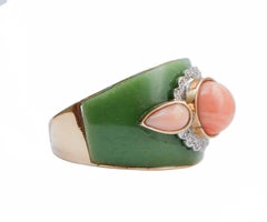 Coral,  Green Enamel, Diamonds, 14 Karat Rose Gold Ring.