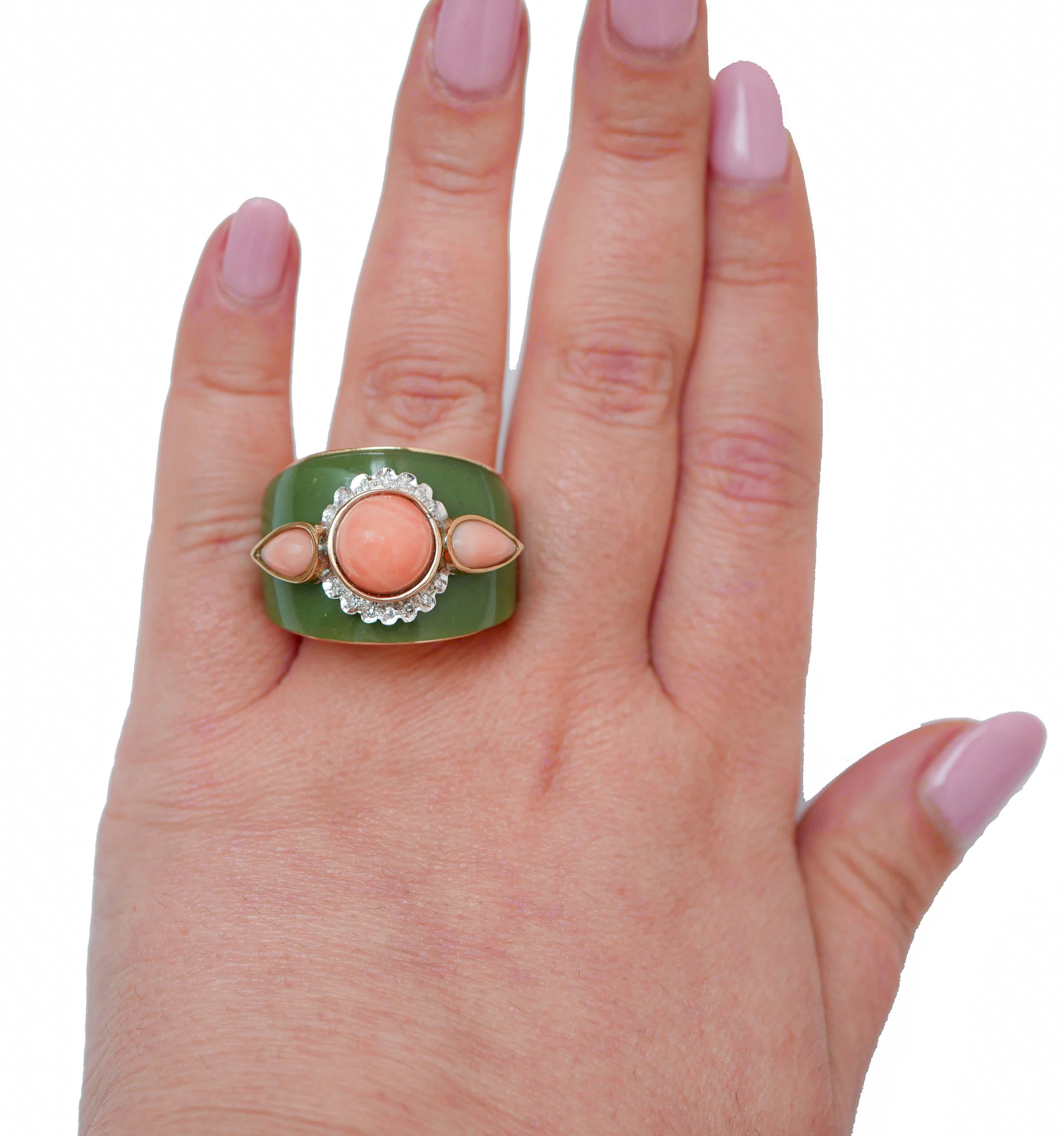 Mixed Cut Coral,  Green Enamel, Diamonds, 14 Karat Rose Gold Ring. For Sale