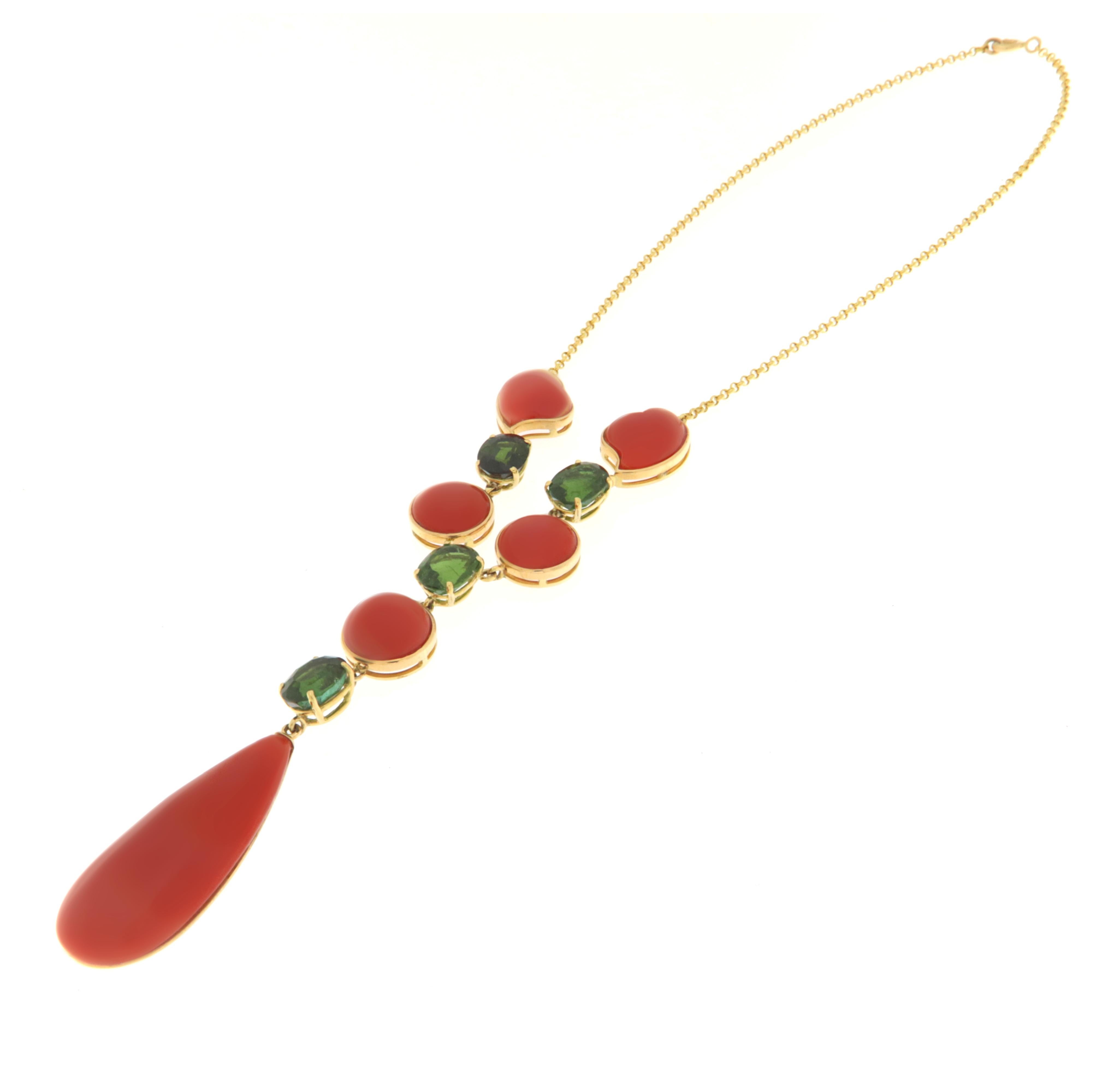 Contemporary Coral Green Tourmaline Yellow Gold 18 Karat Drop Necklace For Sale