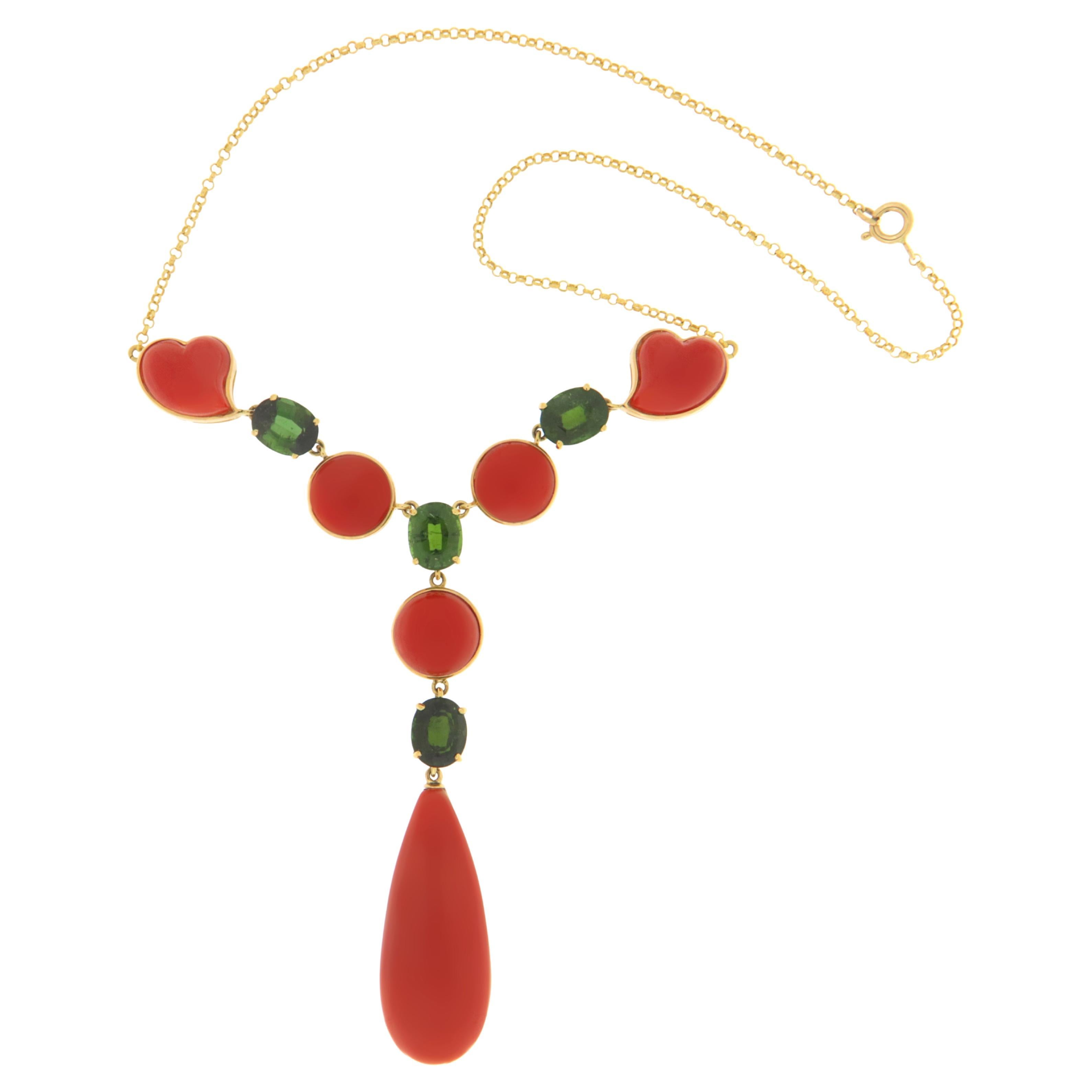 Coral Green Tourmaline Yellow Gold 18 Karat Drop Necklace For Sale