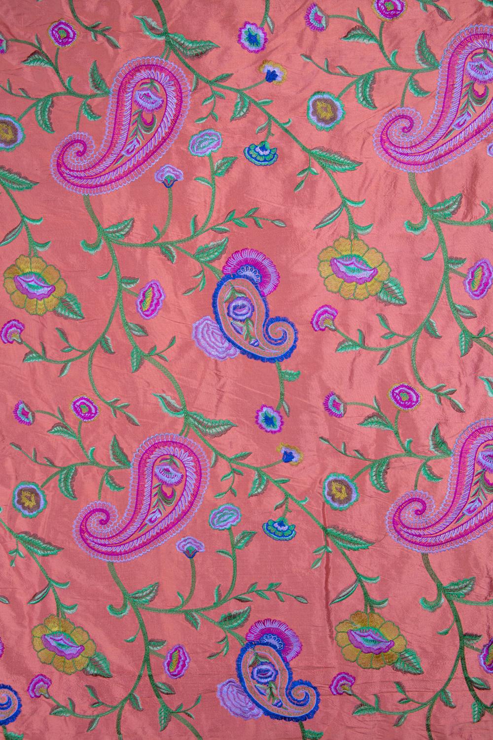 Coral Gujarati Fine Satin Weave, Brilliant Embroidered Paisley Silk, Ari Work For Sale 3