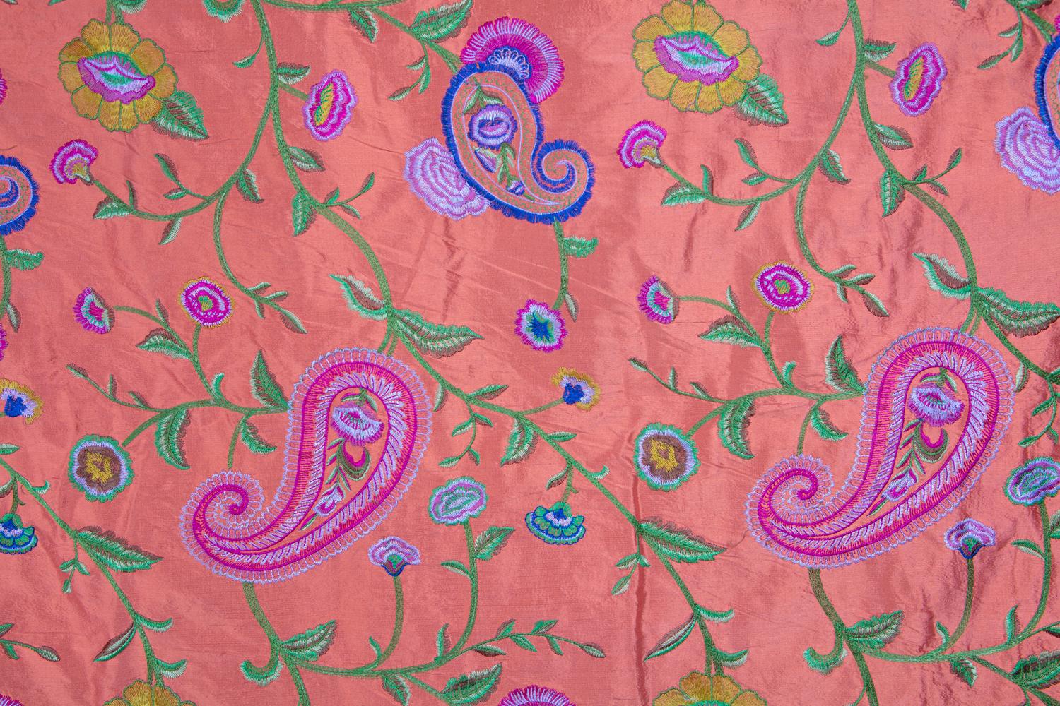Coral Gujarati Fine Satin Weave, Brilliant Embroidered Paisley Silk, Ari Work For Sale 4