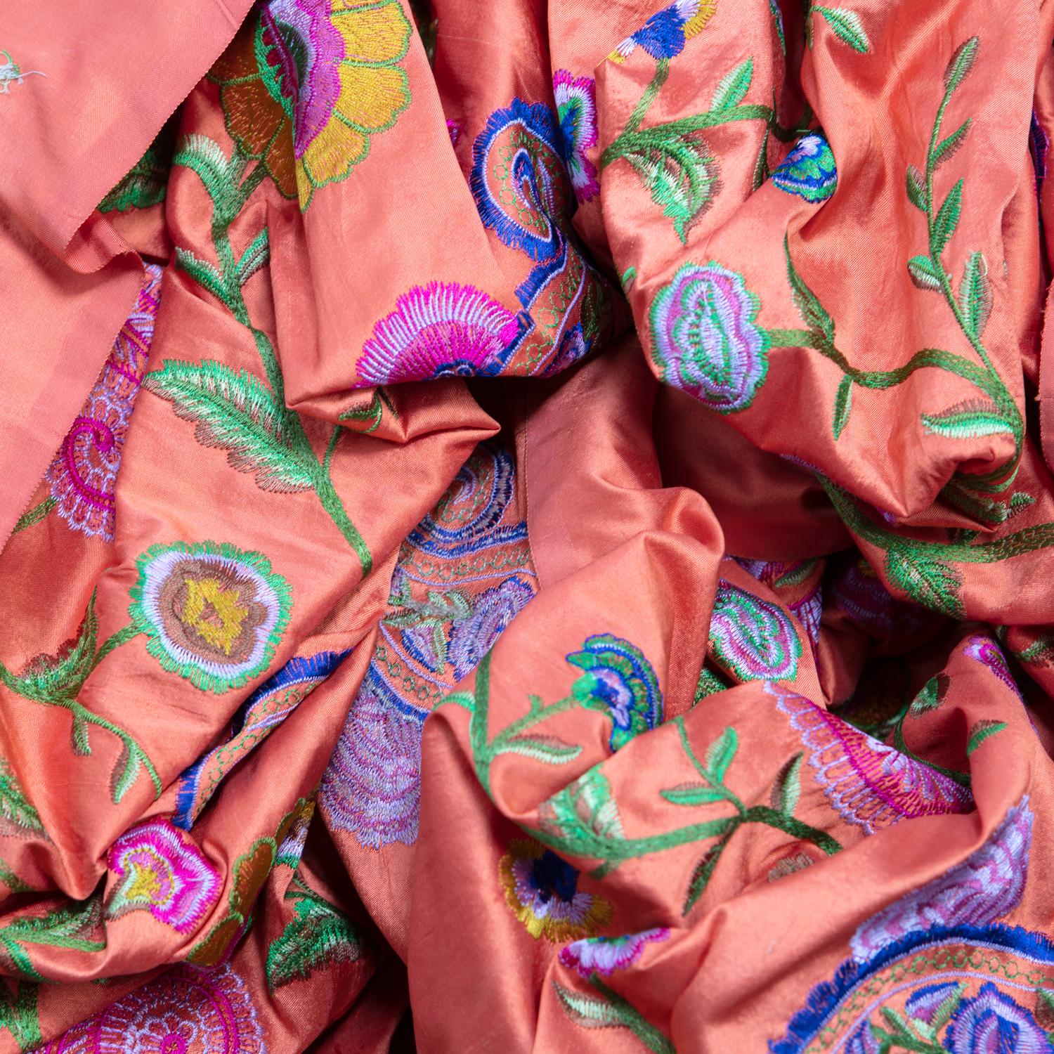 Coral Gujarati Fine Satin Weave, Brilliant Embroidered Paisley Silk, Ari Work For Sale 5