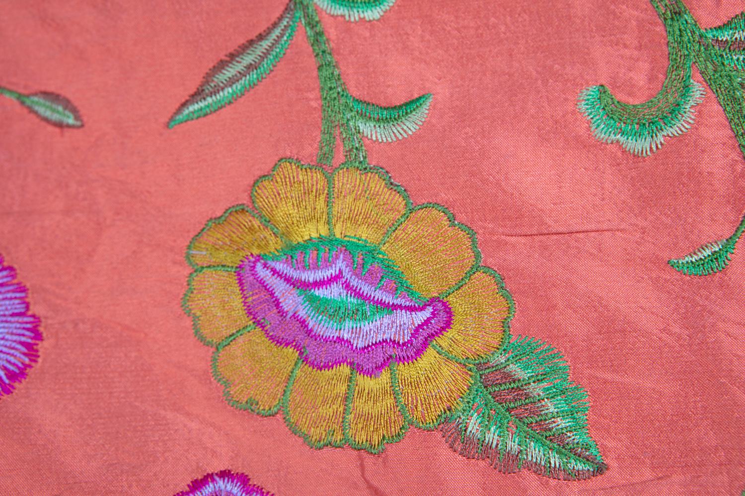 Anglo-Indian Coral Gujarati Fine Satin Weave, Brilliant Embroidered Paisley Silk, Ari Work For Sale