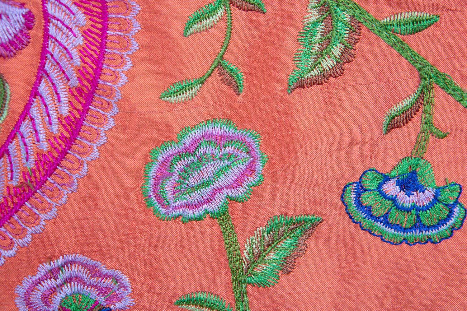 Indian Coral Gujarati Fine Satin Weave, Brilliant Embroidered Paisley Silk, Ari Work For Sale