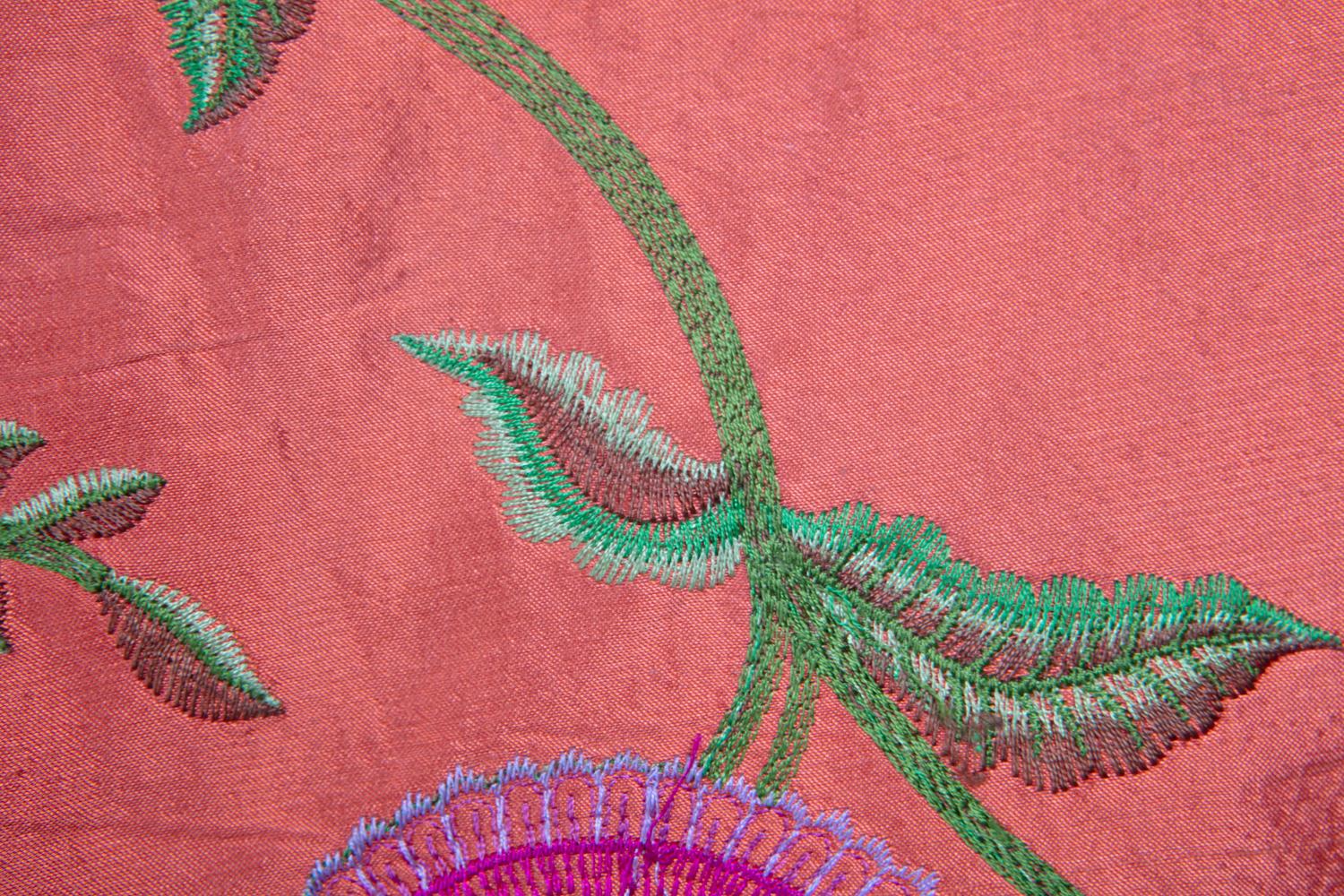 Mid-20th Century Coral Gujarati Fine Satin Weave, Brilliant Embroidered Paisley Silk, Ari Work For Sale