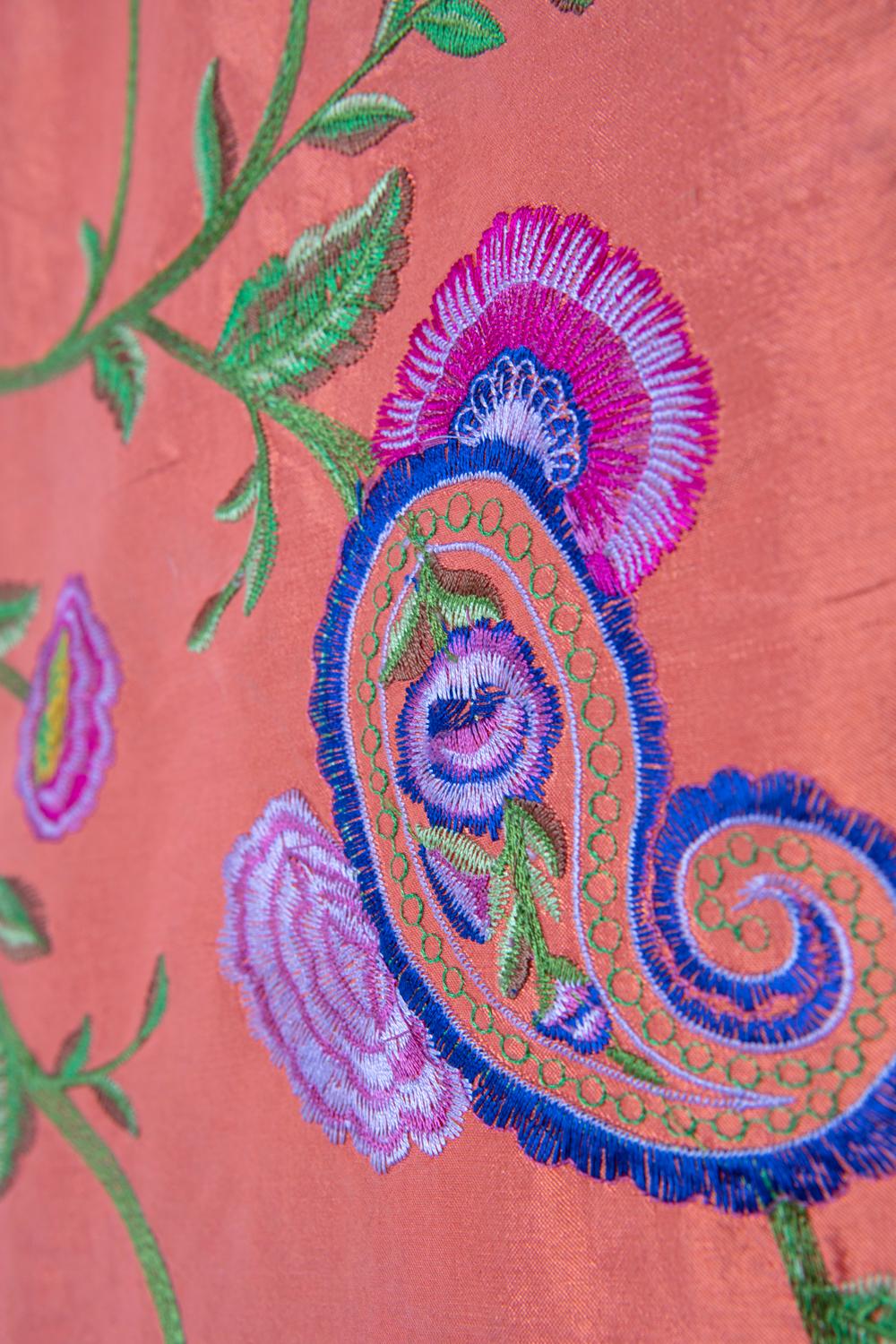 Coral Gujarati Fine Satin Weave, Brilliant Embroidered Paisley Silk, Ari Work For Sale 1