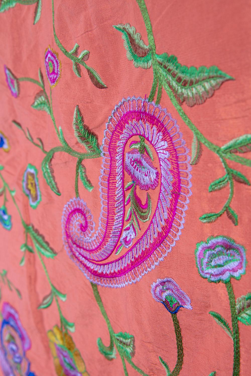 Coral Gujarati Fine Satin Weave, Brilliant Embroidered Paisley Silk, Ari Work For Sale 2