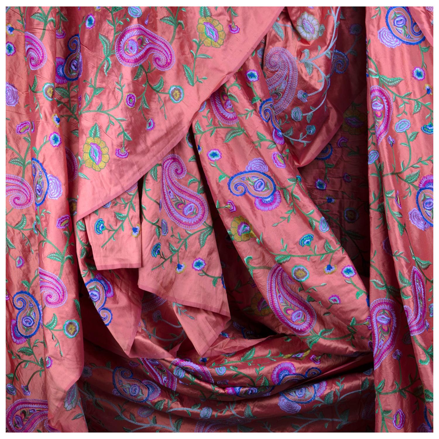 Coral Gujarati Fine Satin Weave, Brilliant Embroidered Paisley Silk, Ari Work