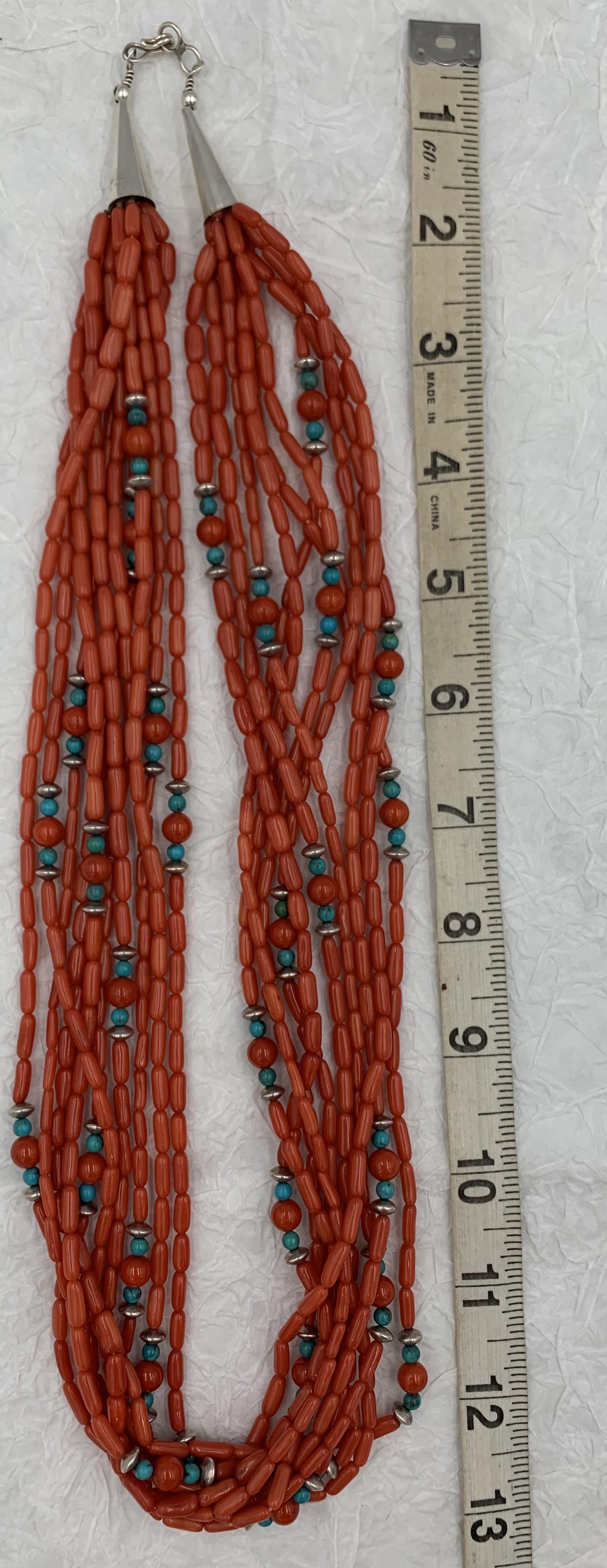 Contemporary Heishi Style Coral Beads with Turquoise and Sterling Silver For Sale 5