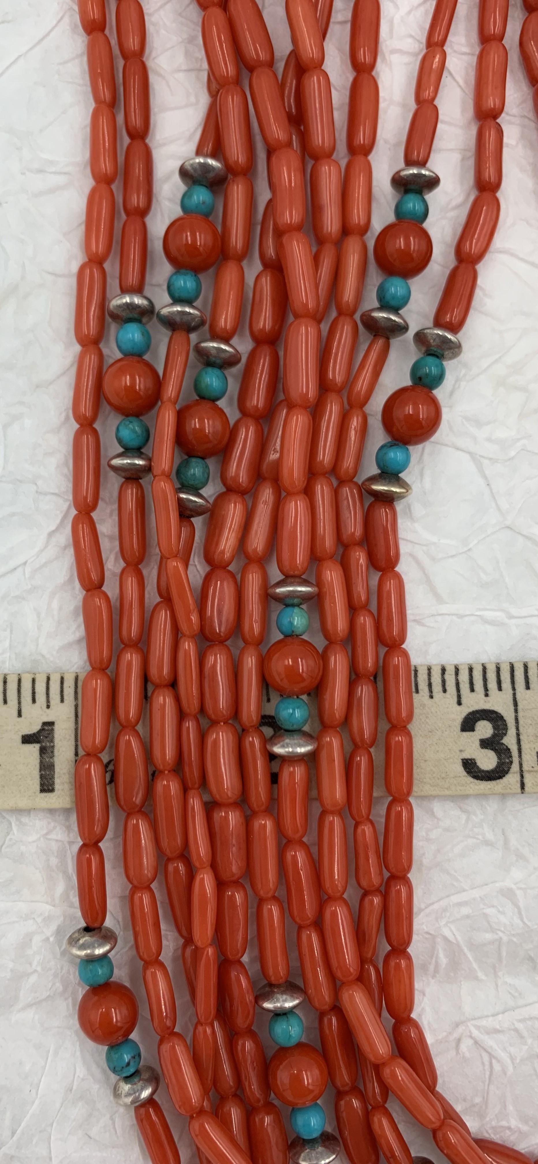 Contemporary Heishi Style Coral Beads with Turquoise and Sterling Silver For Sale 6