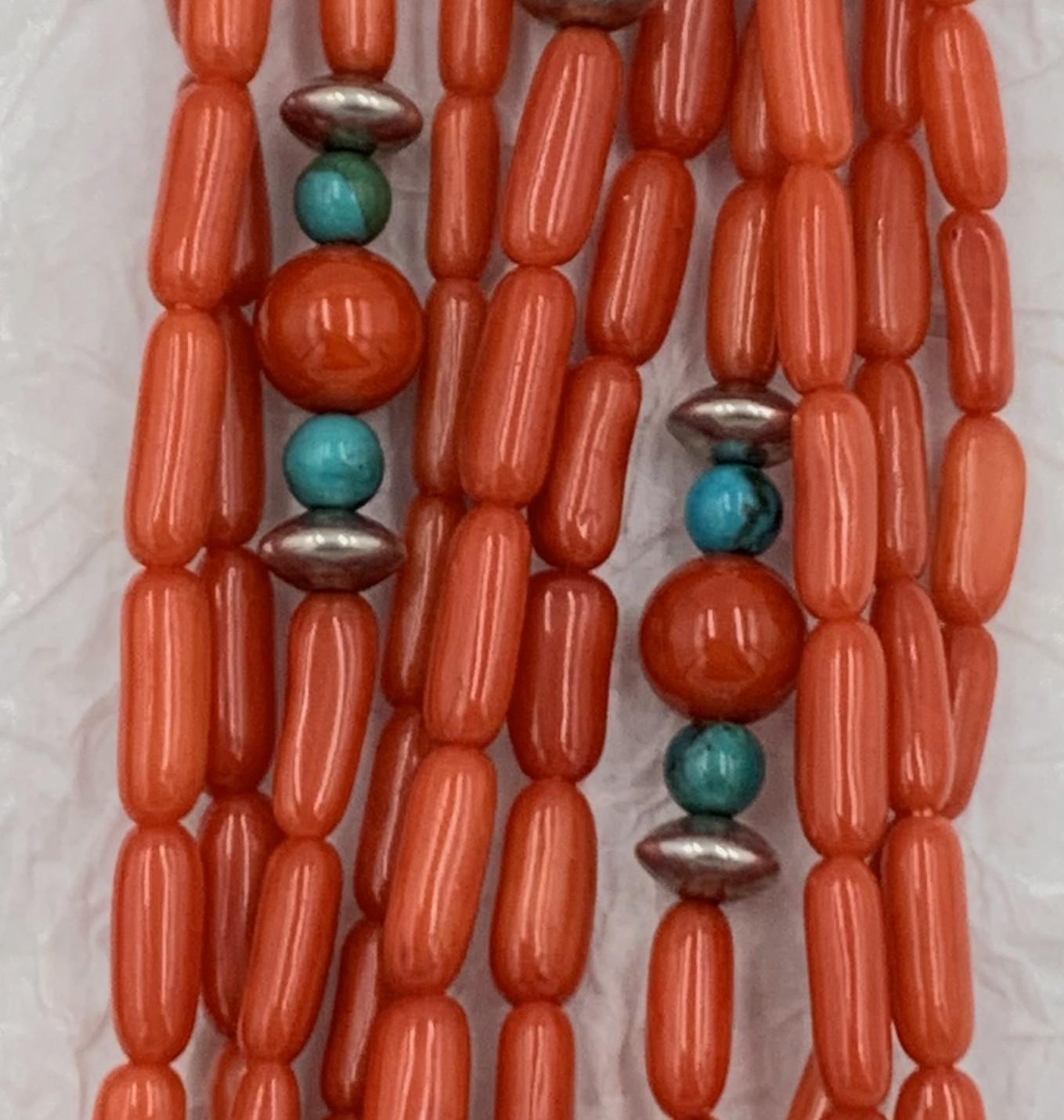 Contemporary Heishi Style Coral Beads with Turquoise and Sterling Silver For Sale 7