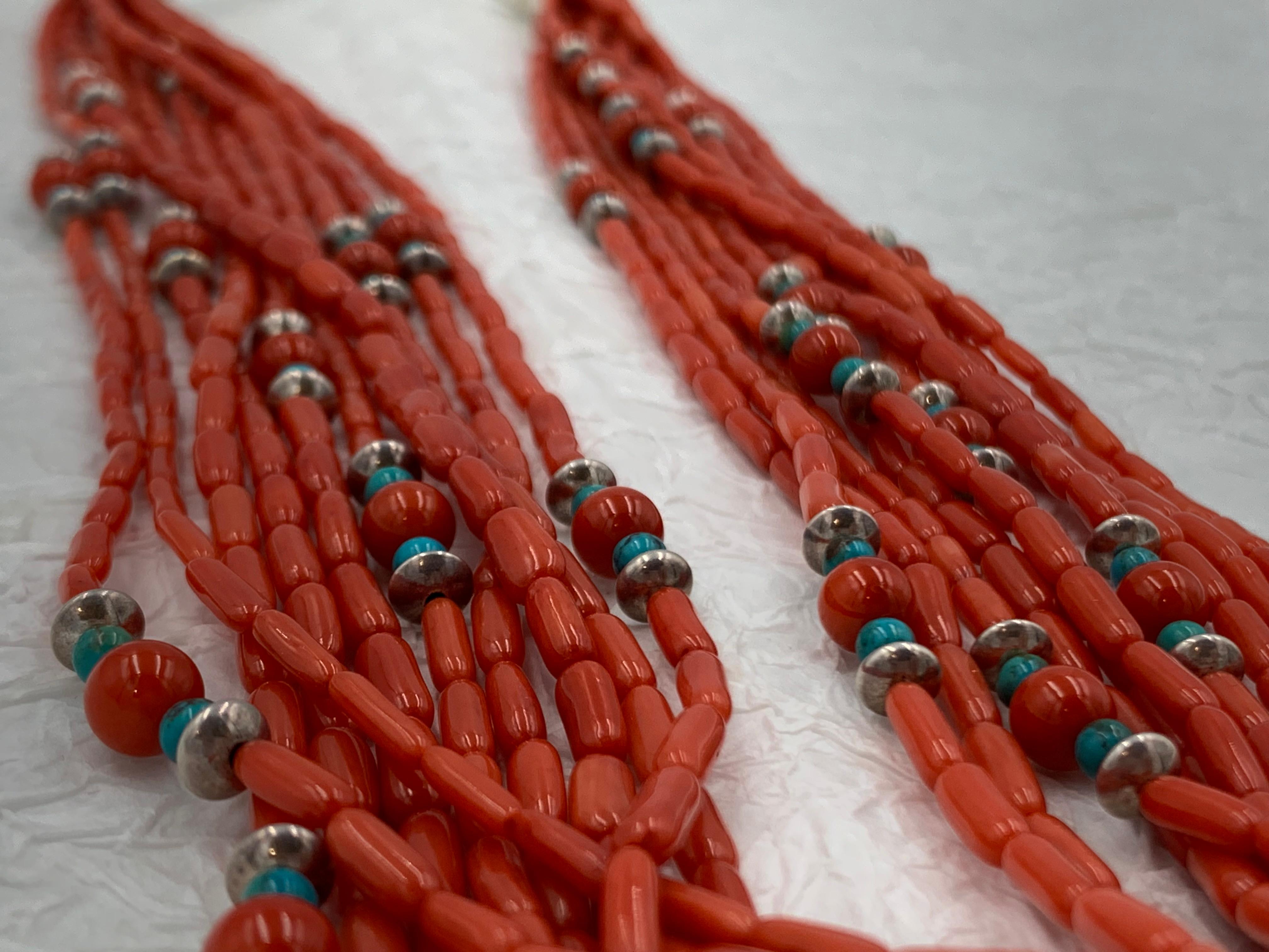 Contemporary Heishi Style Coral Beads with Turquoise and Sterling Silver For Sale 8