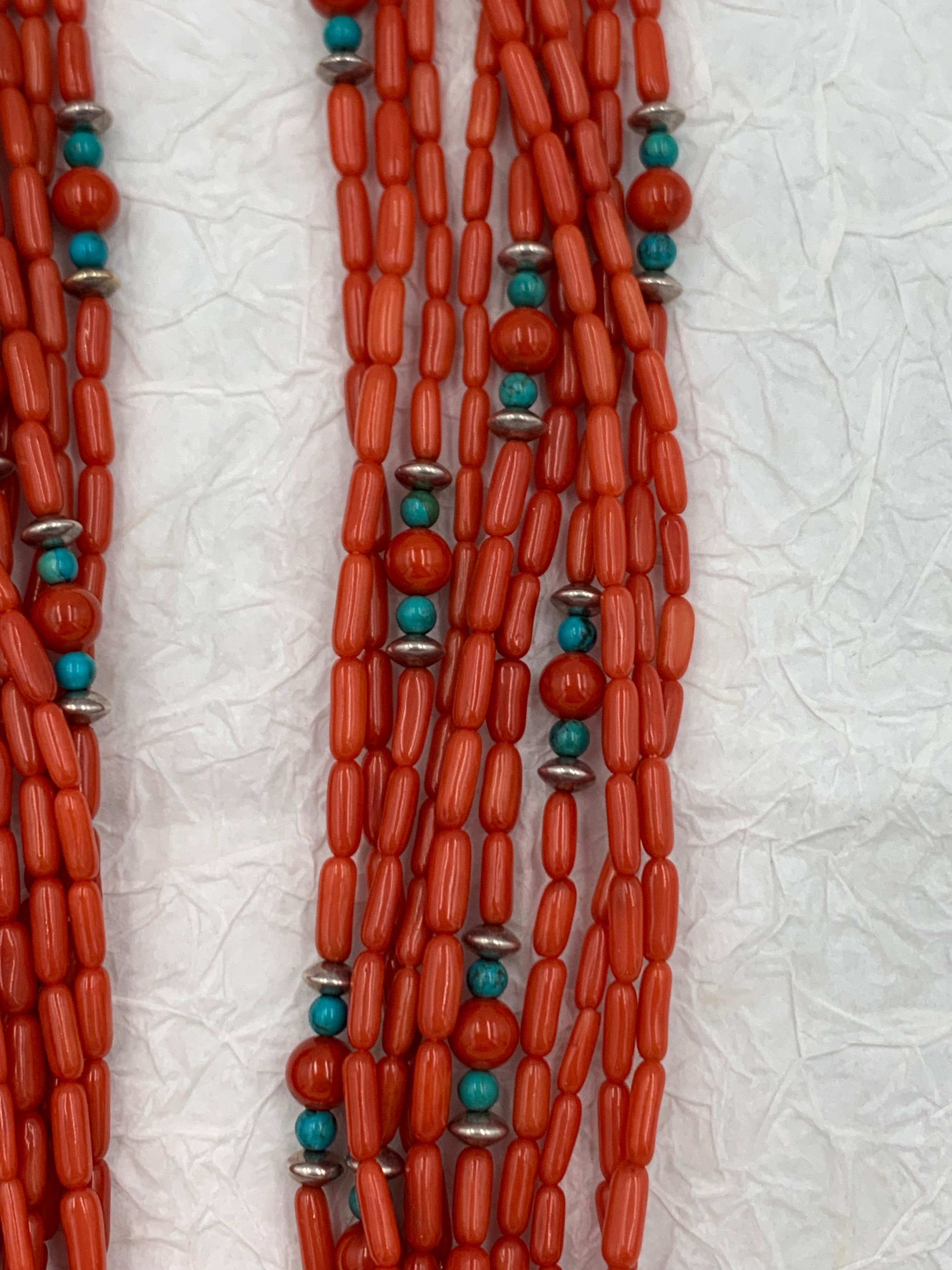 Native American Contemporary Heishi Style Coral Beads with Turquoise and Sterling Silver For Sale