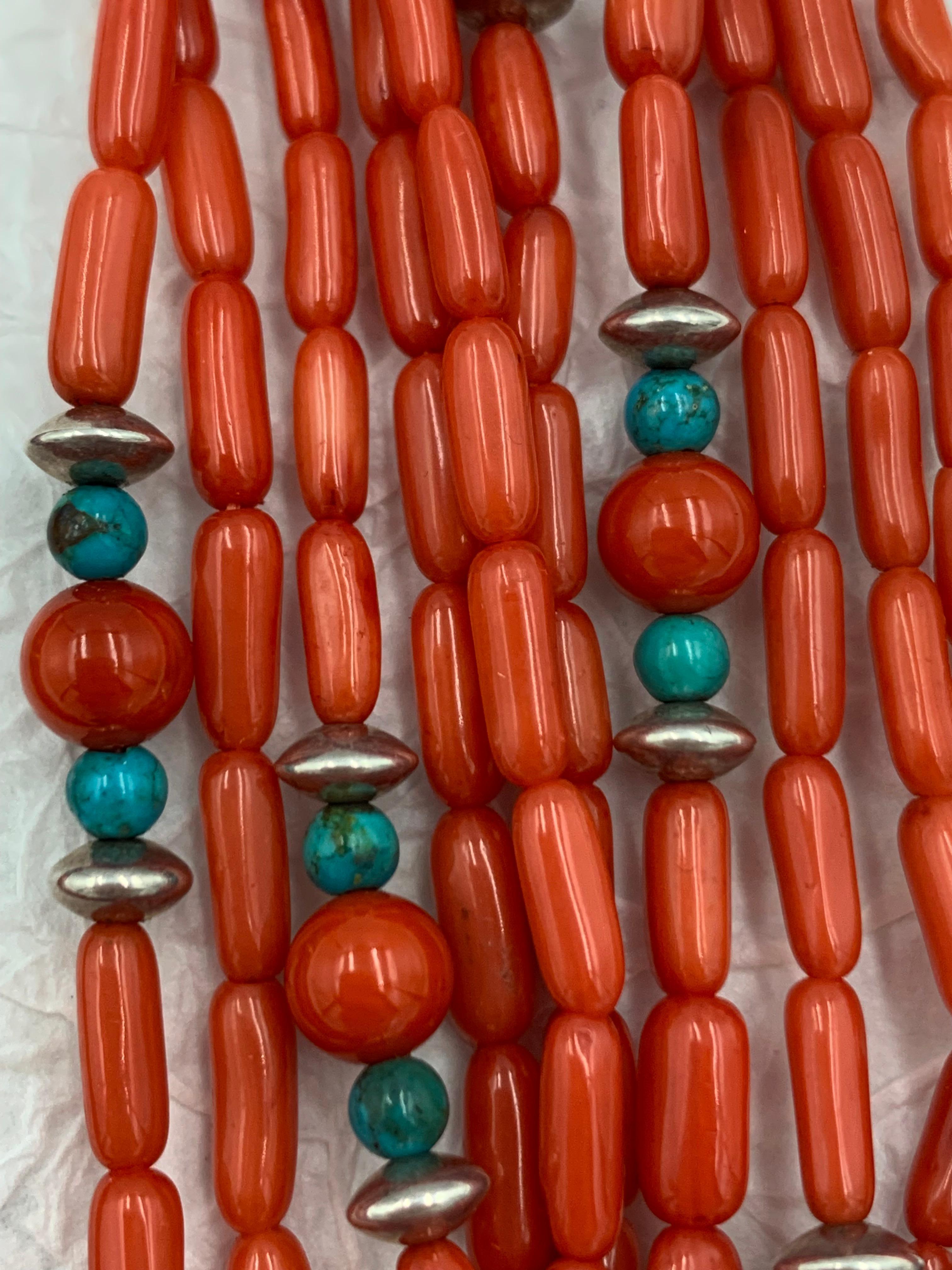 Contemporary Heishi Style Coral Beads with Turquoise and Sterling Silver In New Condition For Sale In Scottsdale, AZ