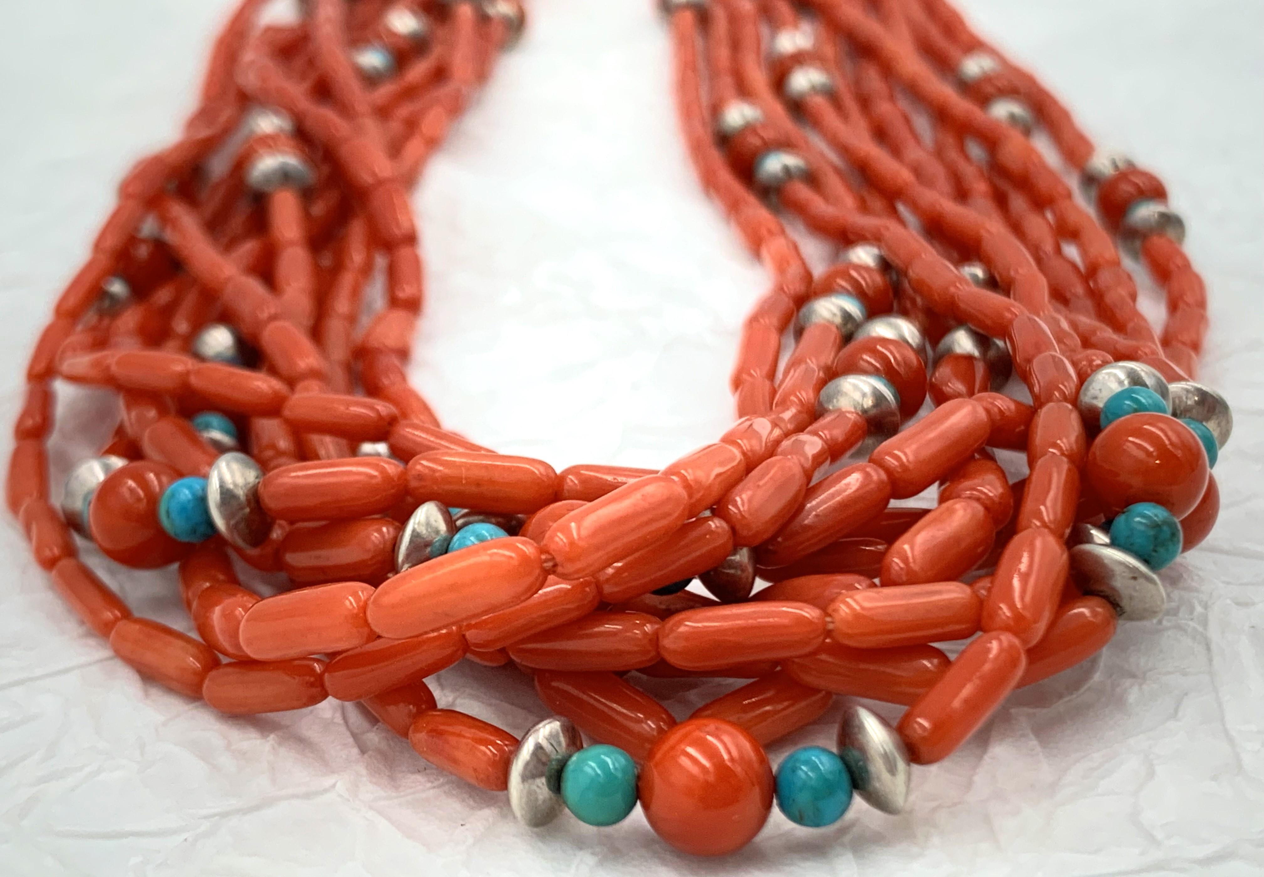 Women's or Men's Contemporary Heishi Style Coral Beads with Turquoise and Sterling Silver For Sale