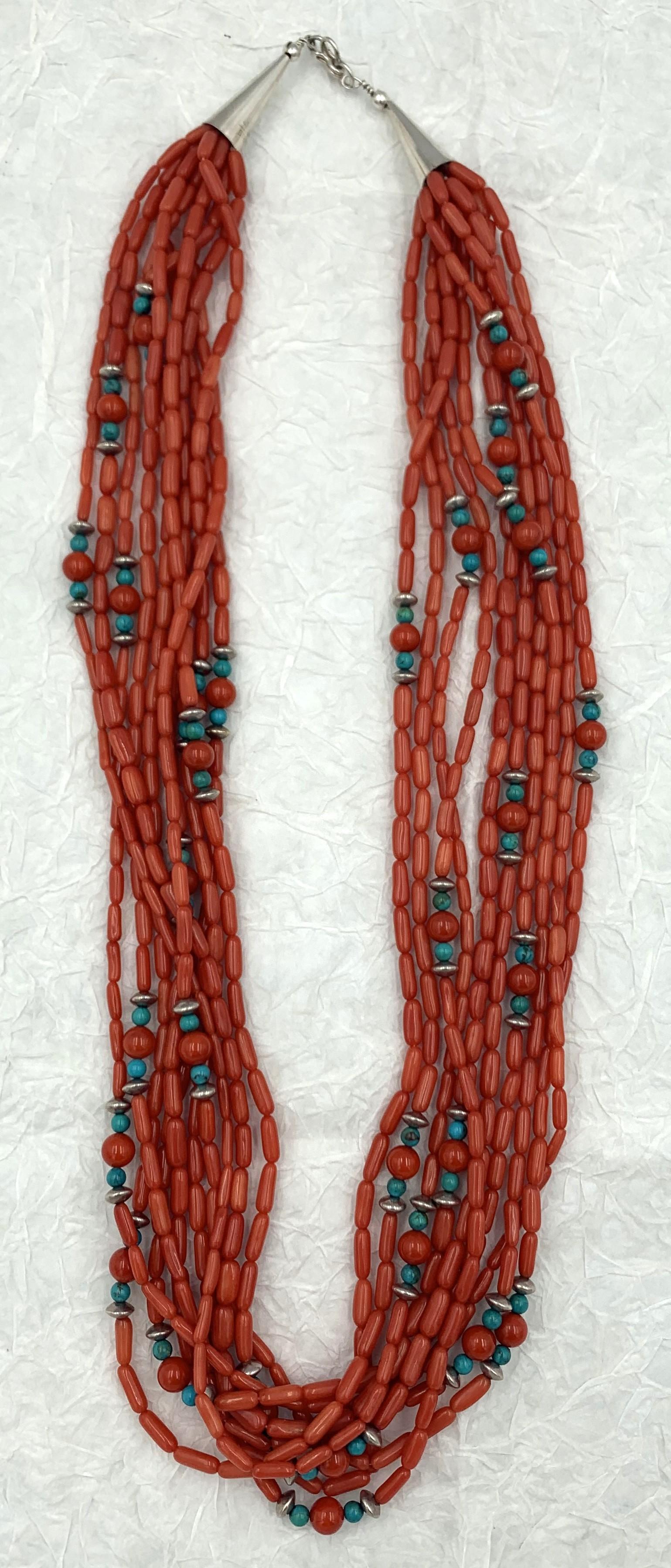 Contemporary Heishi Style Coral Beads with Turquoise and Sterling Silver For Sale 1