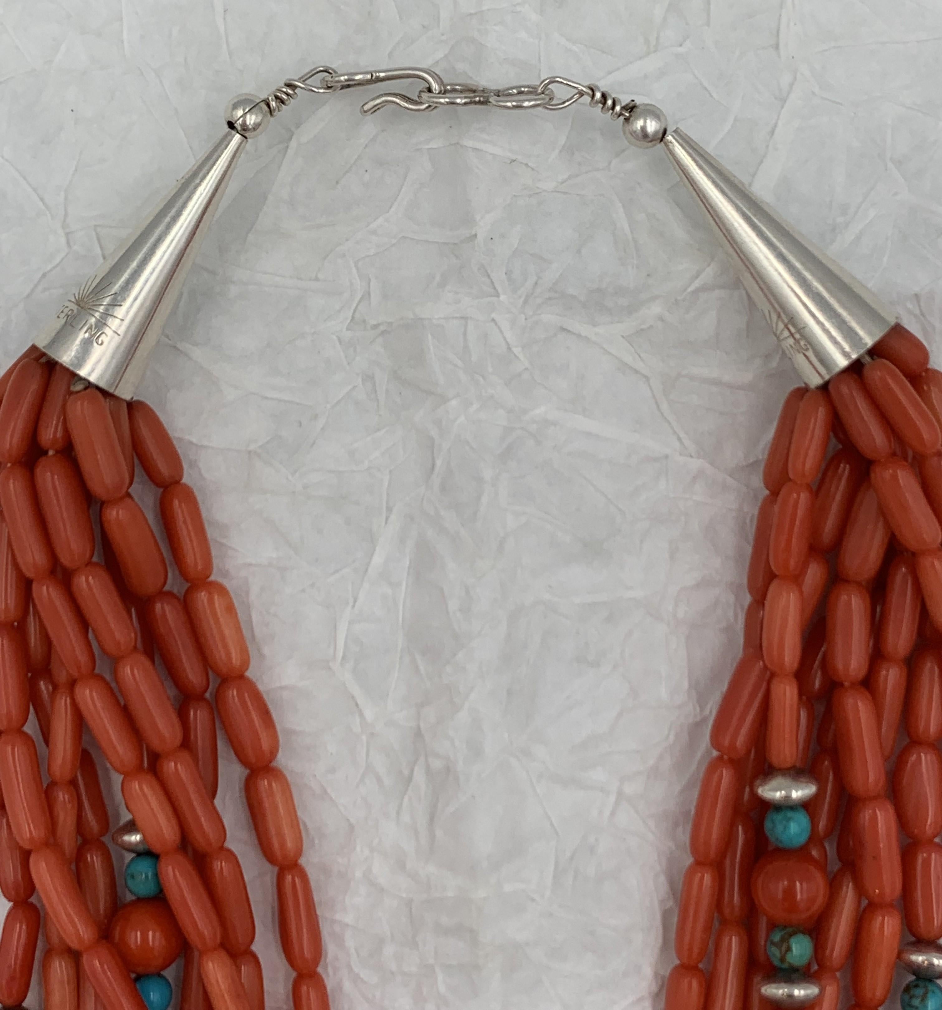 Contemporary Heishi Style Coral Beads with Turquoise and Sterling Silver For Sale 2