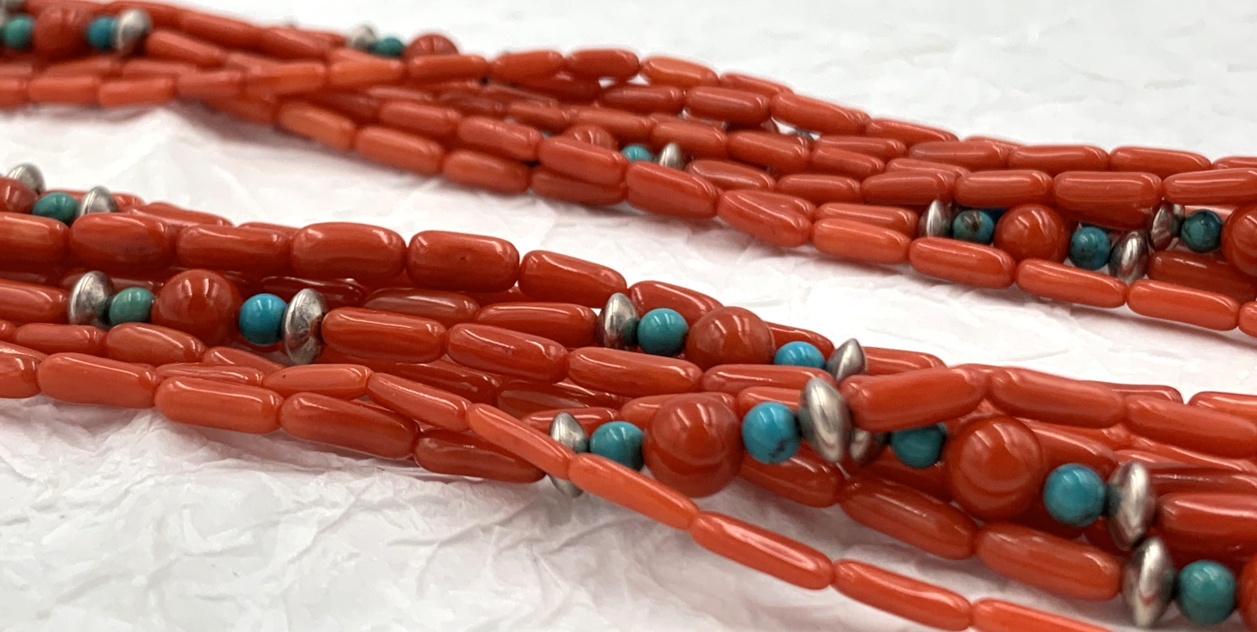 Contemporary Heishi Style Coral Beads with Turquoise and Sterling Silver For Sale 4