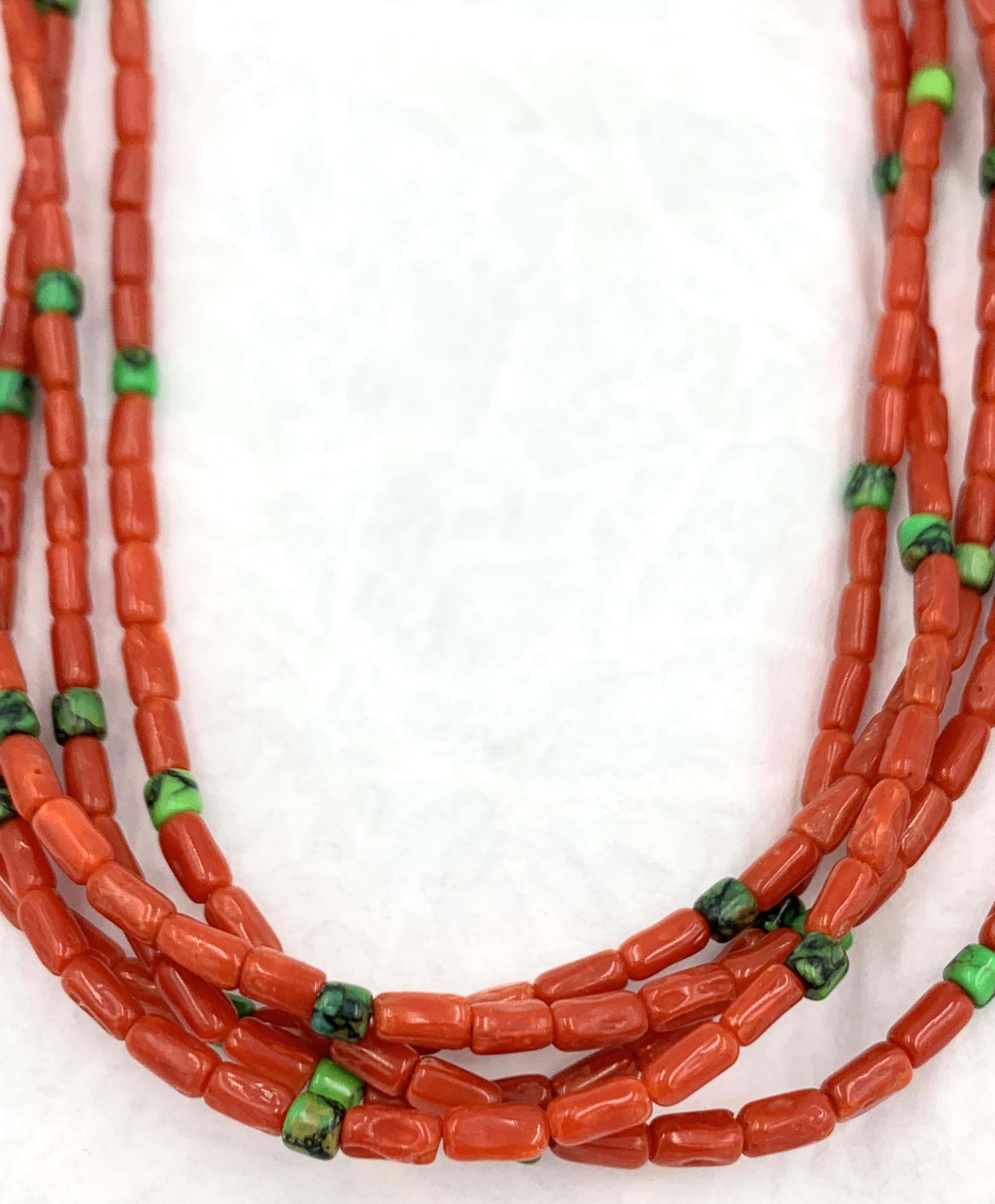 Native American Contemporary Heishi Style Coral Beaded Necklace with Five Strands. For Sale