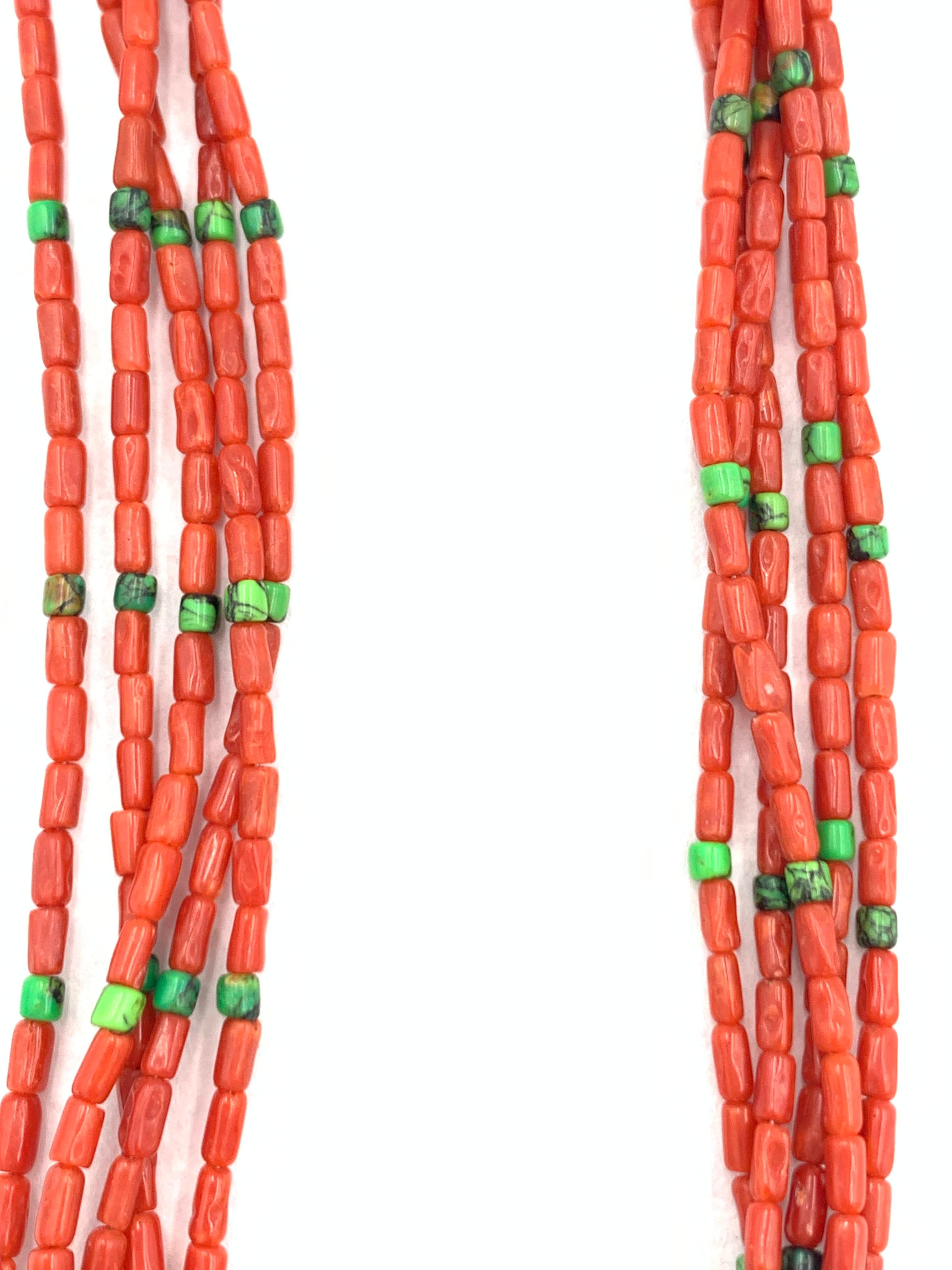 Women's or Men's Contemporary Heishi Style Coral Beaded Necklace with Five Strands. For Sale
