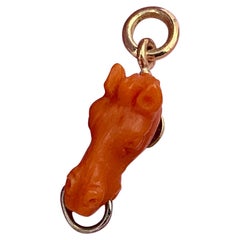 Antique Coral Horse Pendant Charm Victorian Gold Hand Carved Equestrian Riding Racing