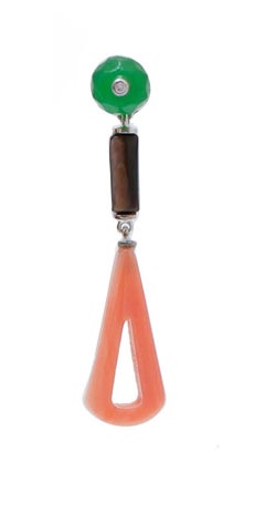 Coral, Jade, Black Stones, Diamonds, Platinum Earrings.