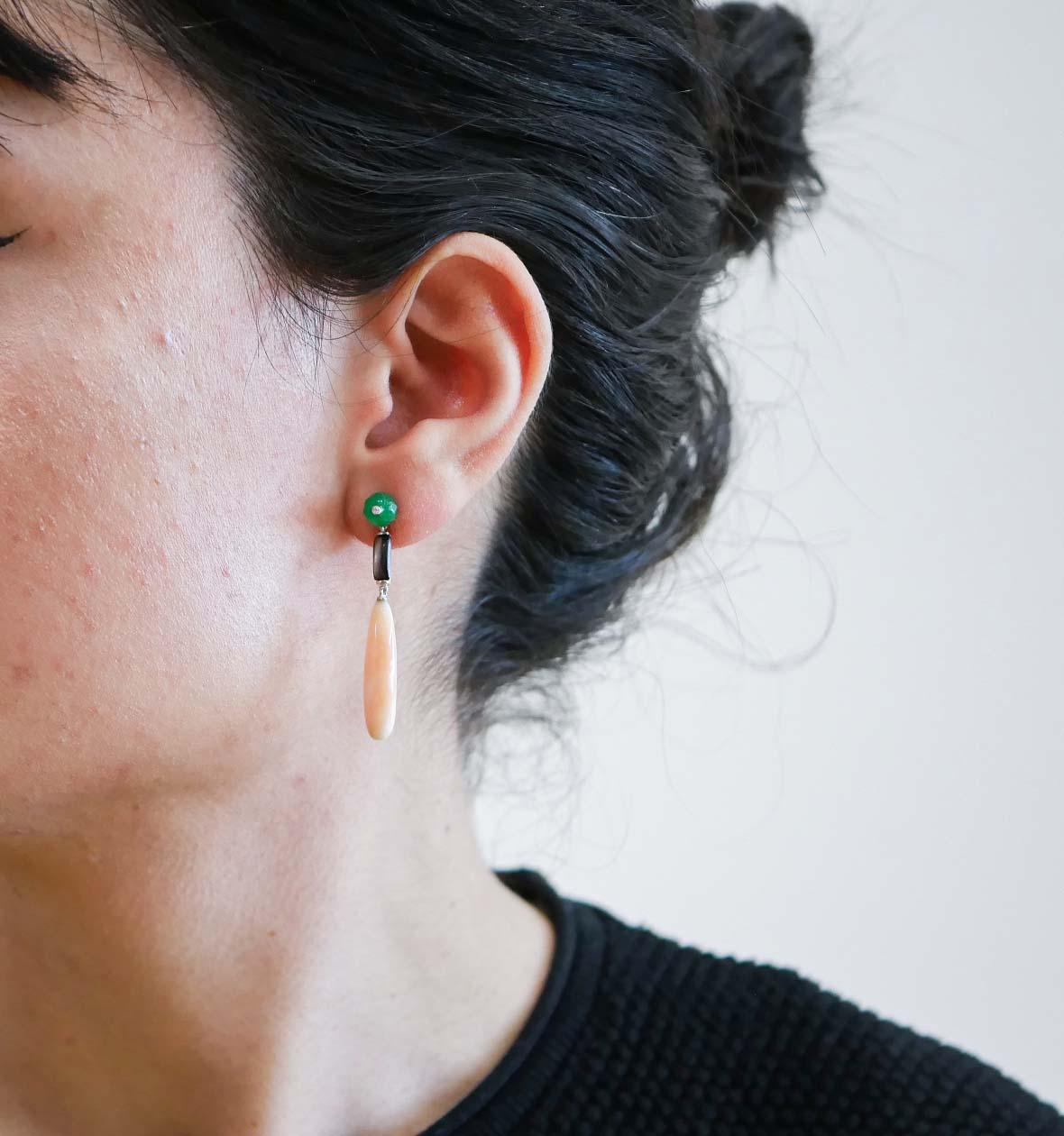 Mixed Cut Coral, Jade, Black Stones, Diamonds, Platinum Earrings. For Sale