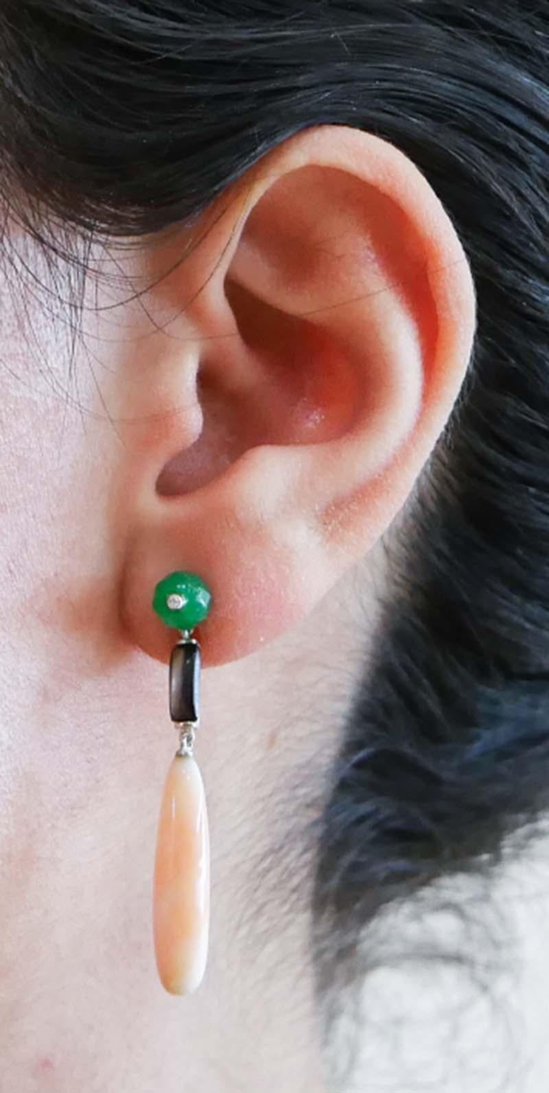 Coral, Jade, Black Stones, Diamonds, Platinum Earrings. In New Condition For Sale In Marcianise, Marcianise (CE)