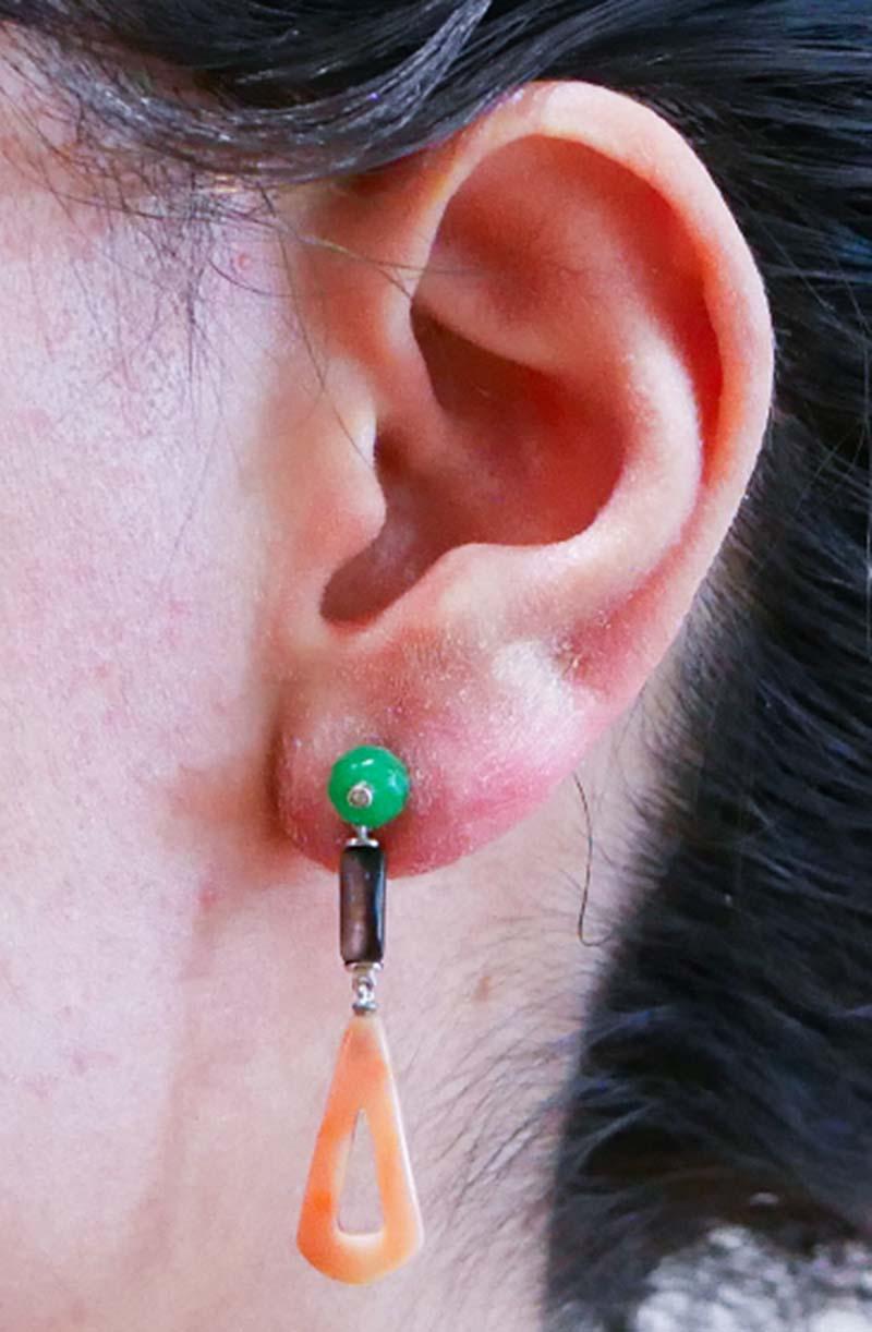Boucles d'oreilles en platine, corail, jade, pierres noires et diamants Neuf - En vente à Marcianise, Marcianise (CE)