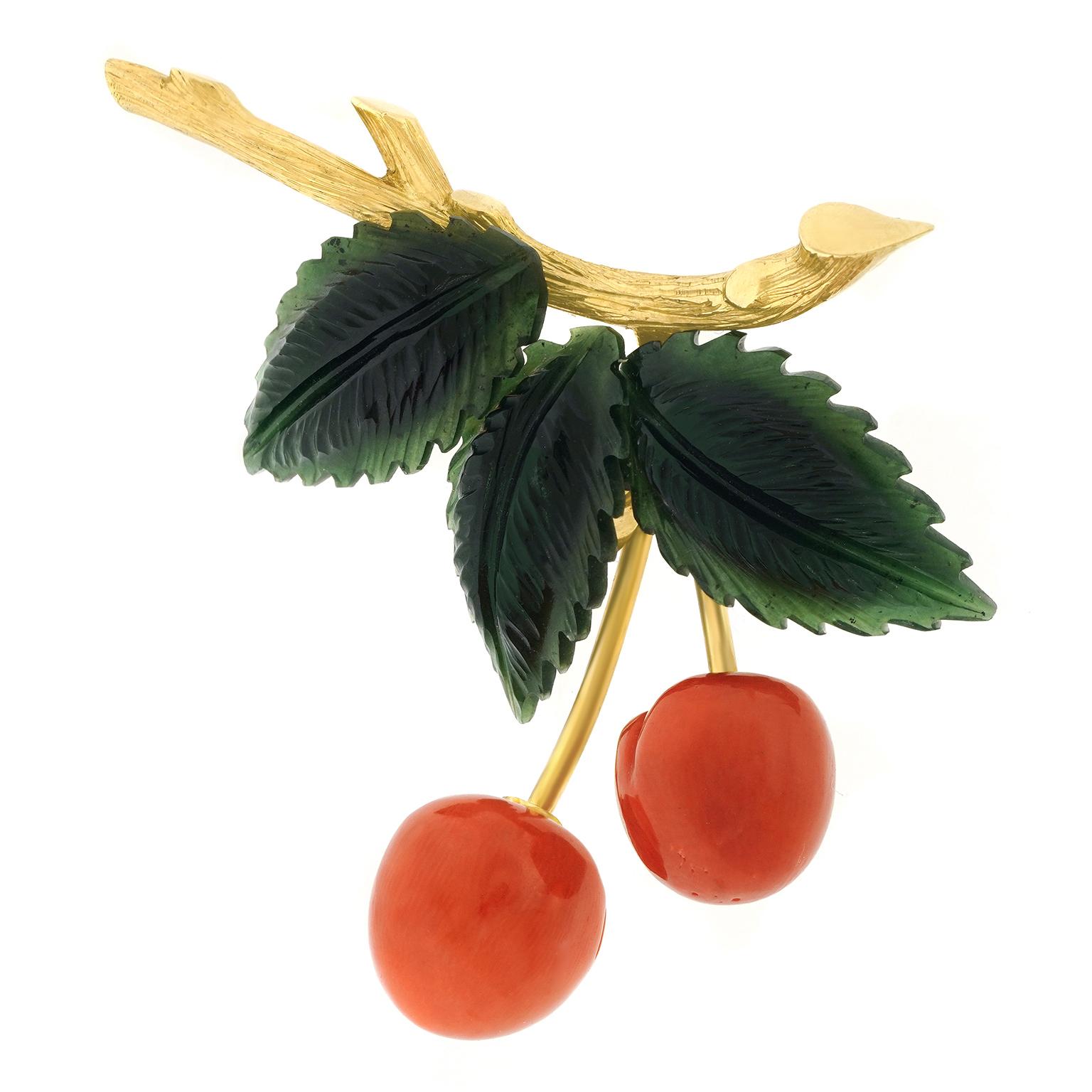 Cabochon Coral & Jade Cherries Brooch For Sale