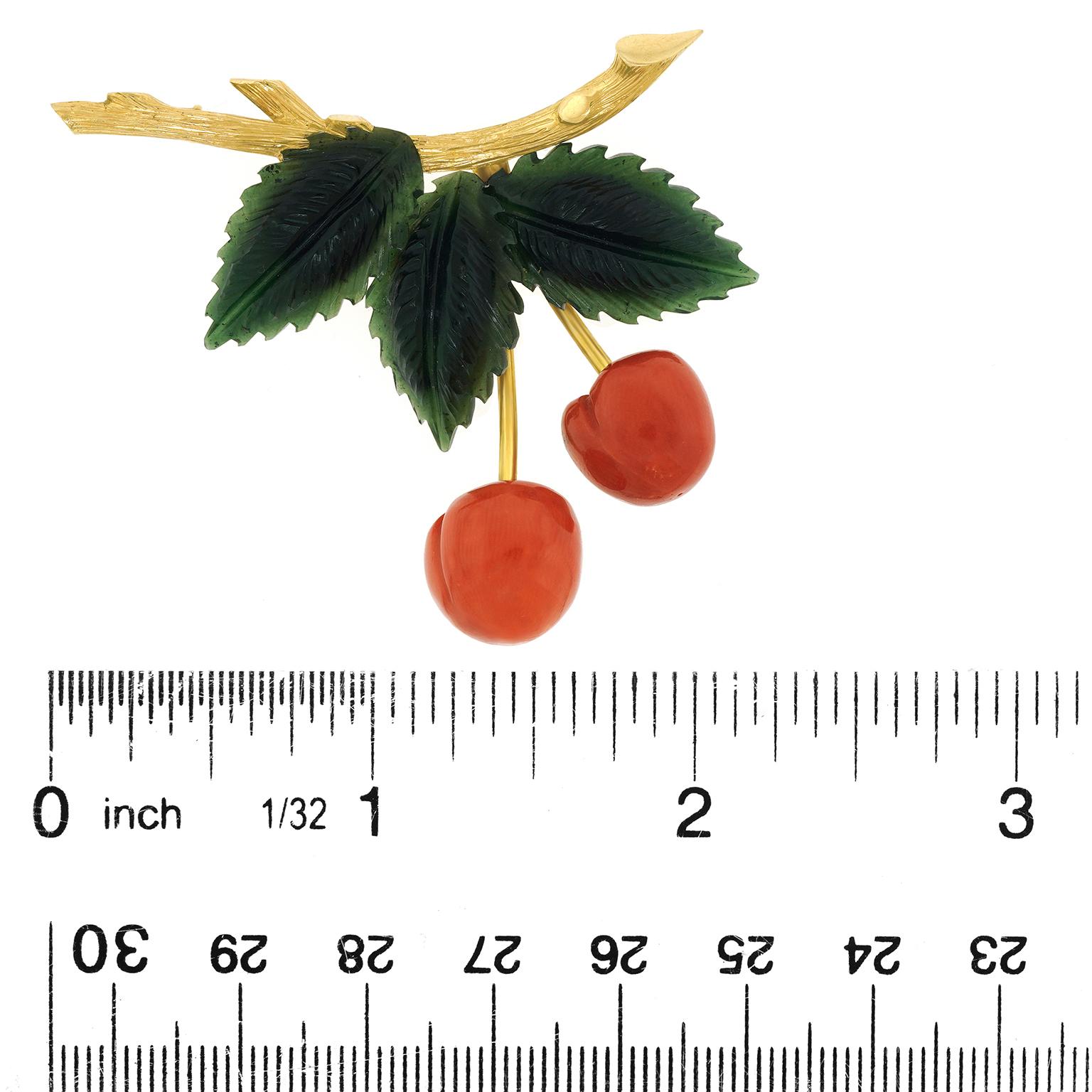 Coral & Jade Cherries Brooch For Sale 1
