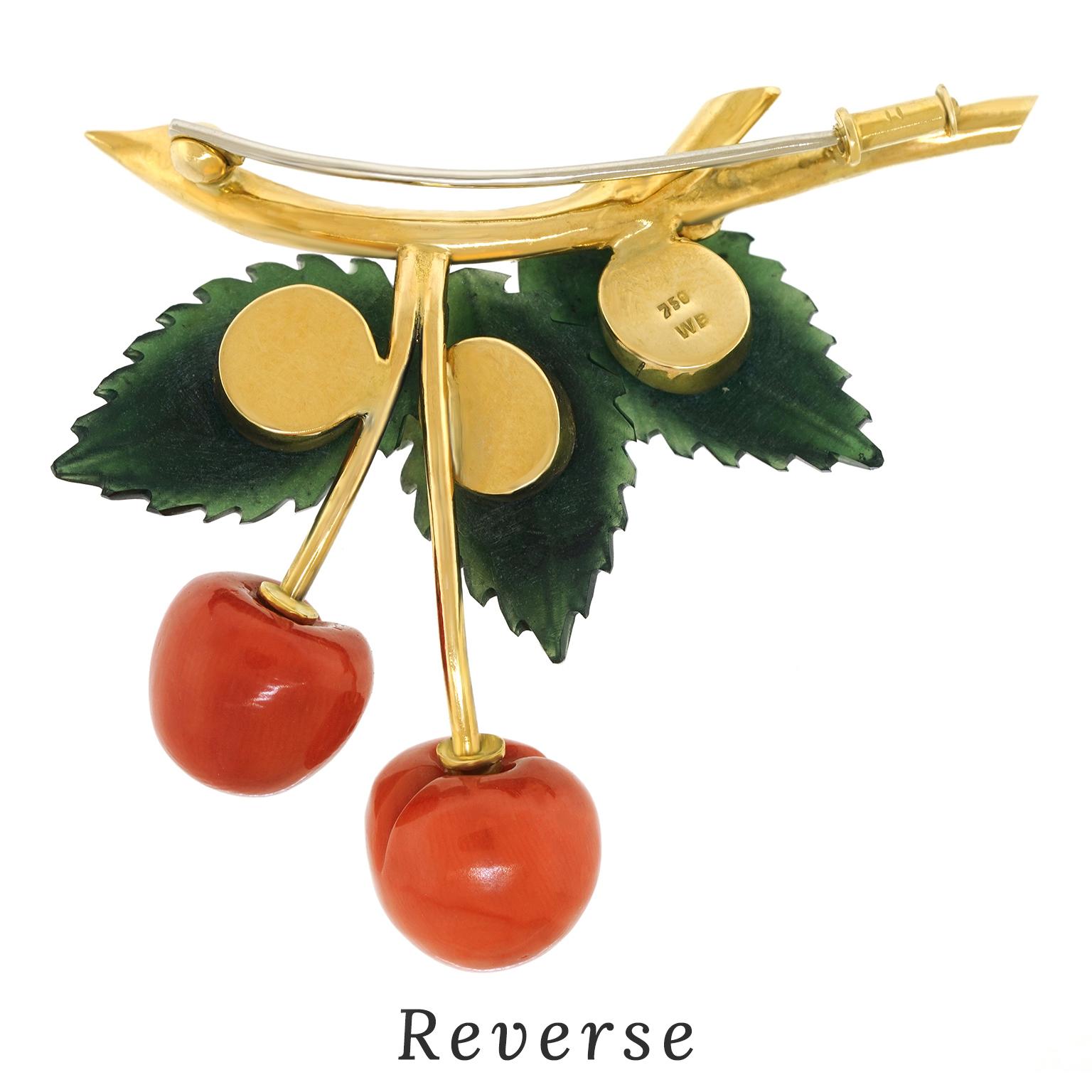 Coral & Jade Cherries Brooch For Sale 2