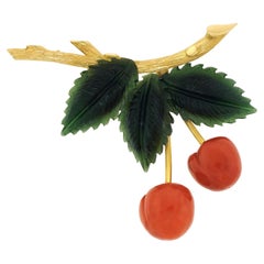 Coral & Jade Cherries Brooch