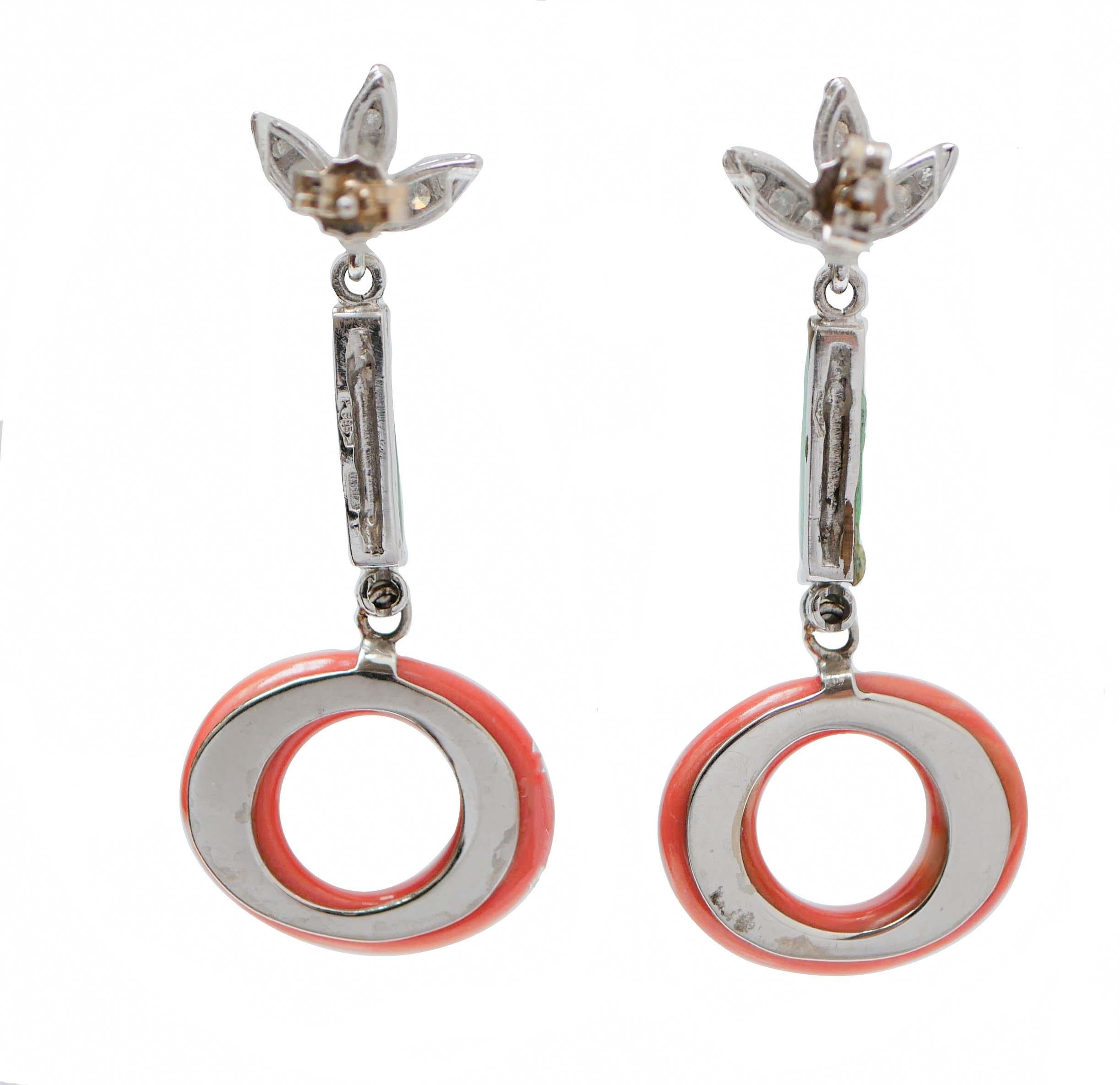 Retro Coral, Jade, Diamonds, 14 Karat White Gold  Dangle Earrings. For Sale