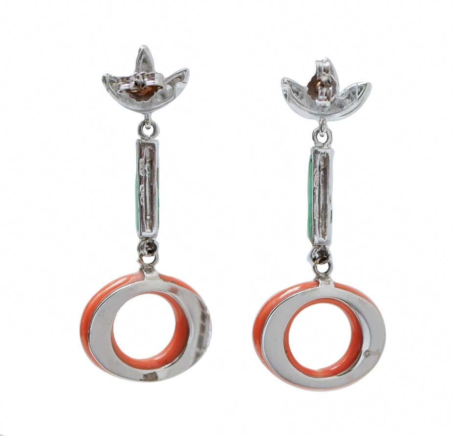 Retro Coral, Jade, Diamonds, 14 Karat White Gold Dangle Earrings. For Sale