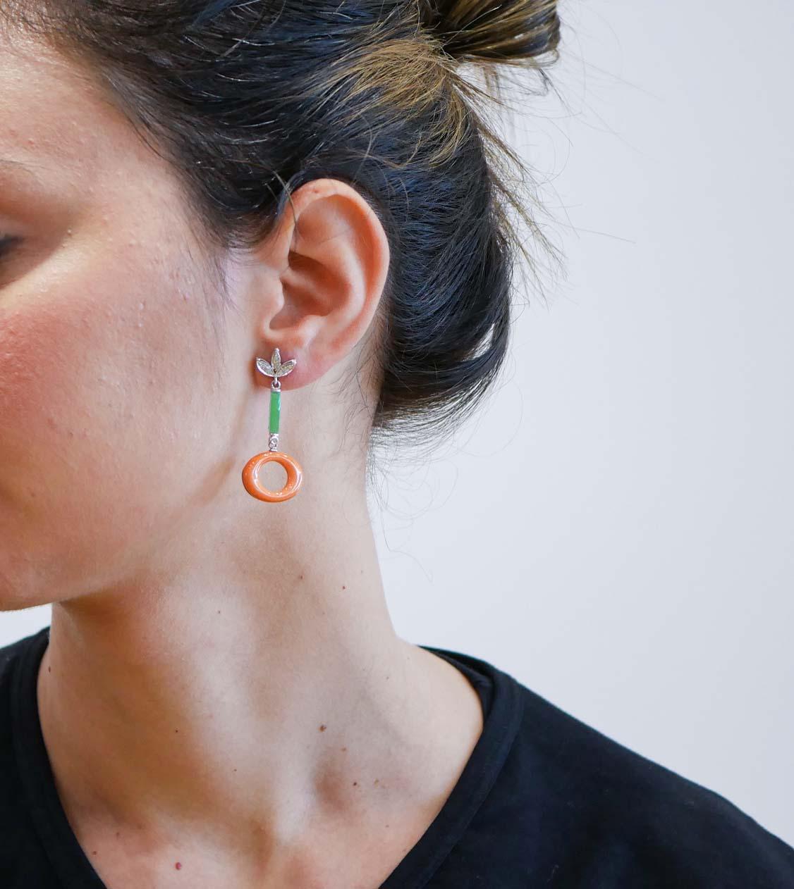 Mixed Cut Coral, Jade, Diamonds, 14 Karat White Gold Dangle Earrings. For Sale