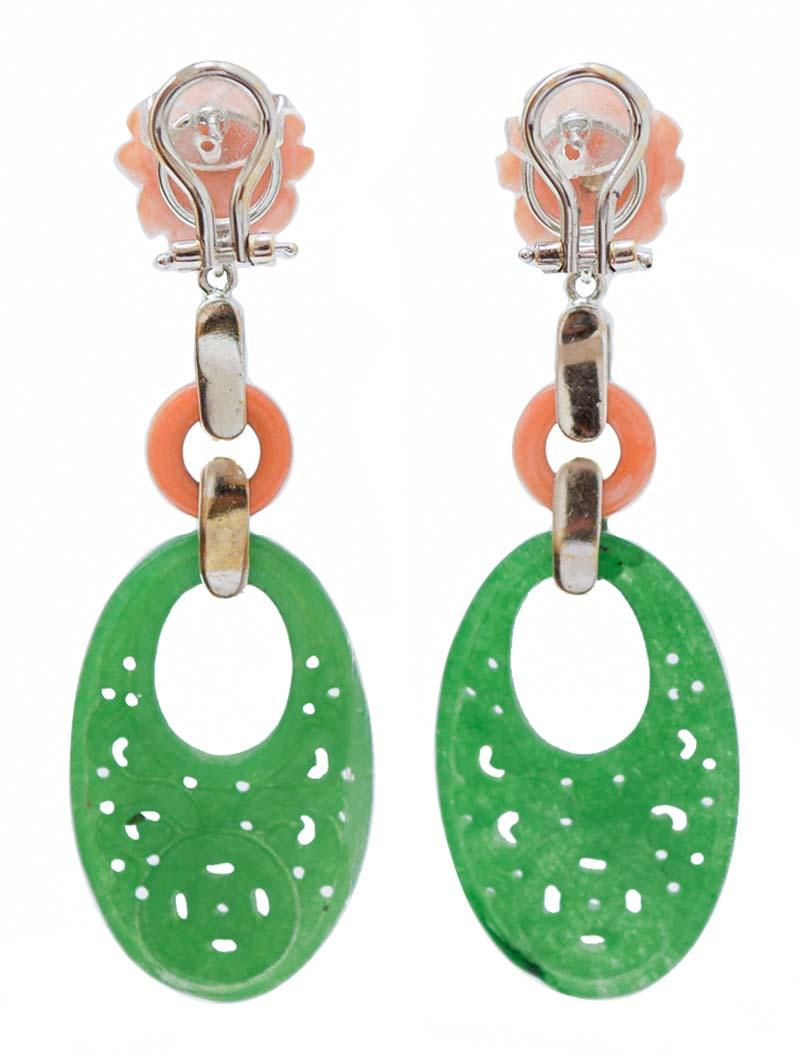 Retro Coral, Jade, Diamonds, 14 Karat White Gold Earrings. For Sale