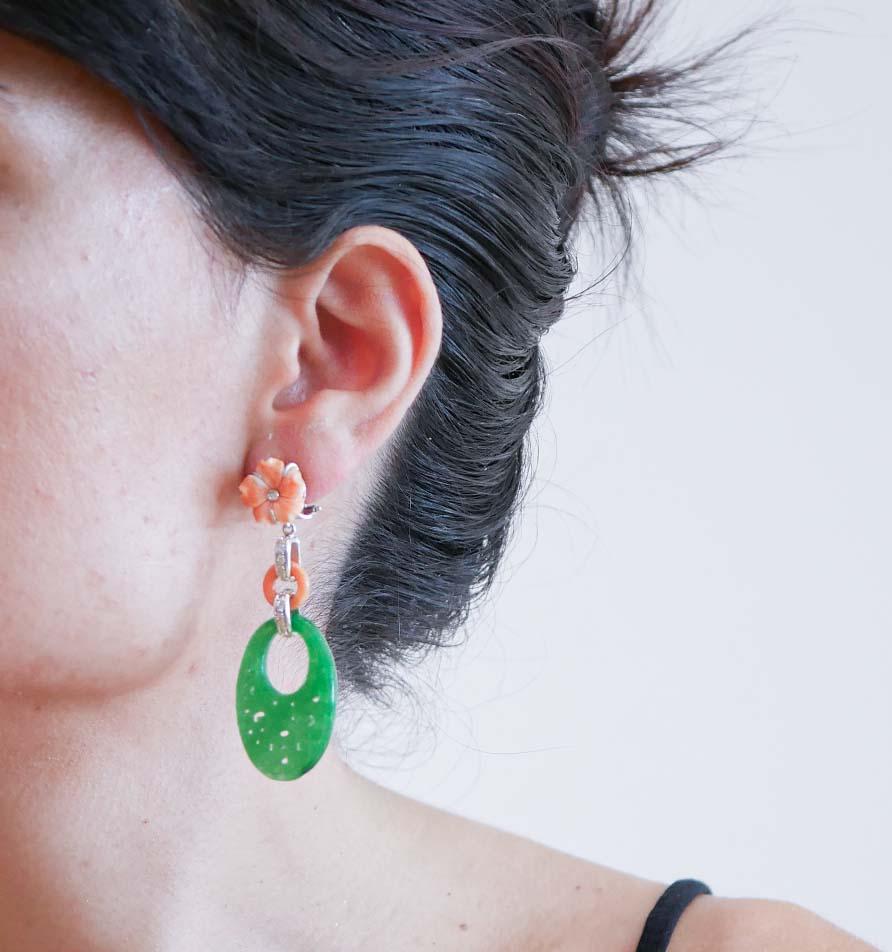 Mixed Cut Coral, Jade, Diamonds, 14 Karat White Gold Earrings. For Sale