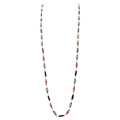 Coral, Jade, Diamonds, Onyx, 9 Kt White Gold Multi-Strands Necklace