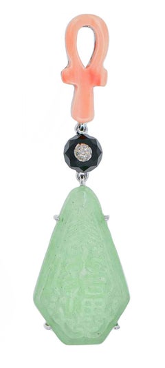 Coral, Jade, Diamonds, Onyx, Platinum Dangle Earrings.
