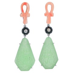 Coral, Jade, Diamonds, Onyx, Platinum Dangle Earrings.