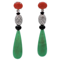 Coral, Jade, Diamonds, Onyx, White Sapphires, 14 Karat White Gold Drop Earrings