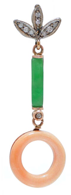 Coral, Jade, Diamonds, Rose Gold and Silver Dangle Earrings.